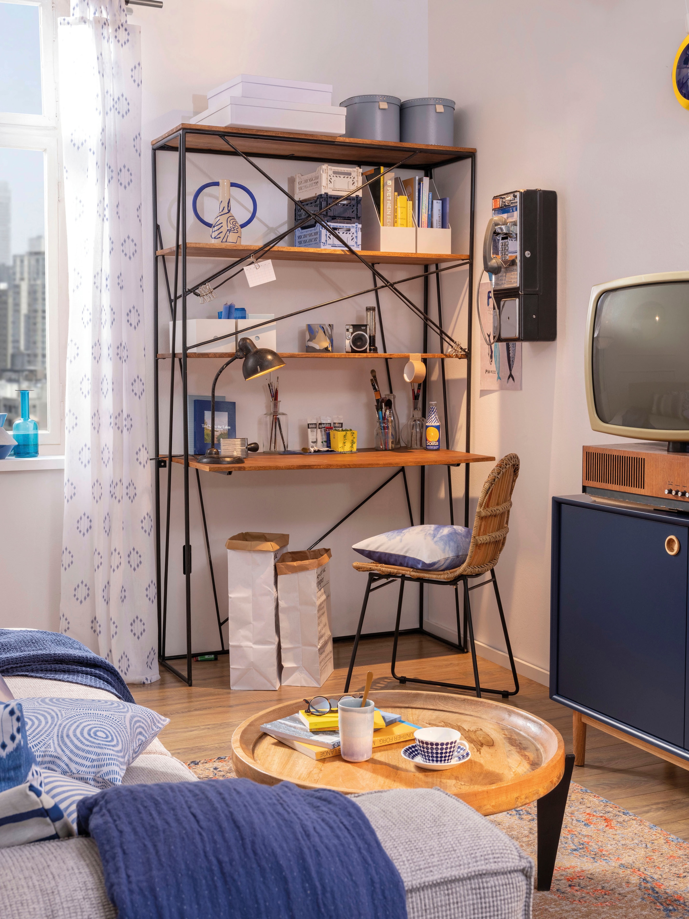 SIT Sekretär "Spoleto aus Mangoholz mit Metallregal Industrial" Offenes Regal mit integrierter Schreibfläche im Industrial-Design