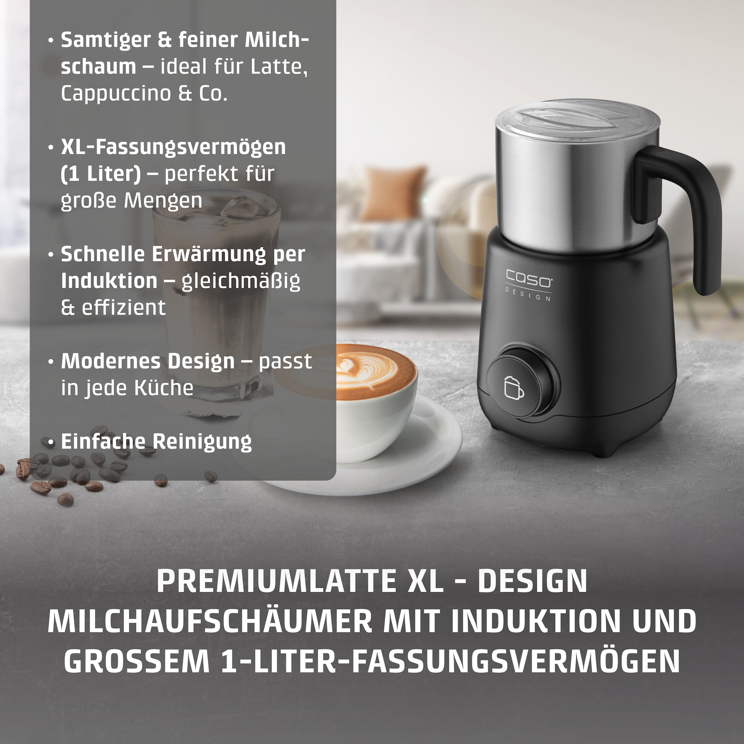 Caso Milchaufschäumer »1667 PremiumLatte XL« 550 W Induktionstechnologie: Kein Anbrennen,präzise und gleichmäßige Erwärmung Milchschaumbehälter, Deckel und Rühreinsatz spülmaschinengeeignet