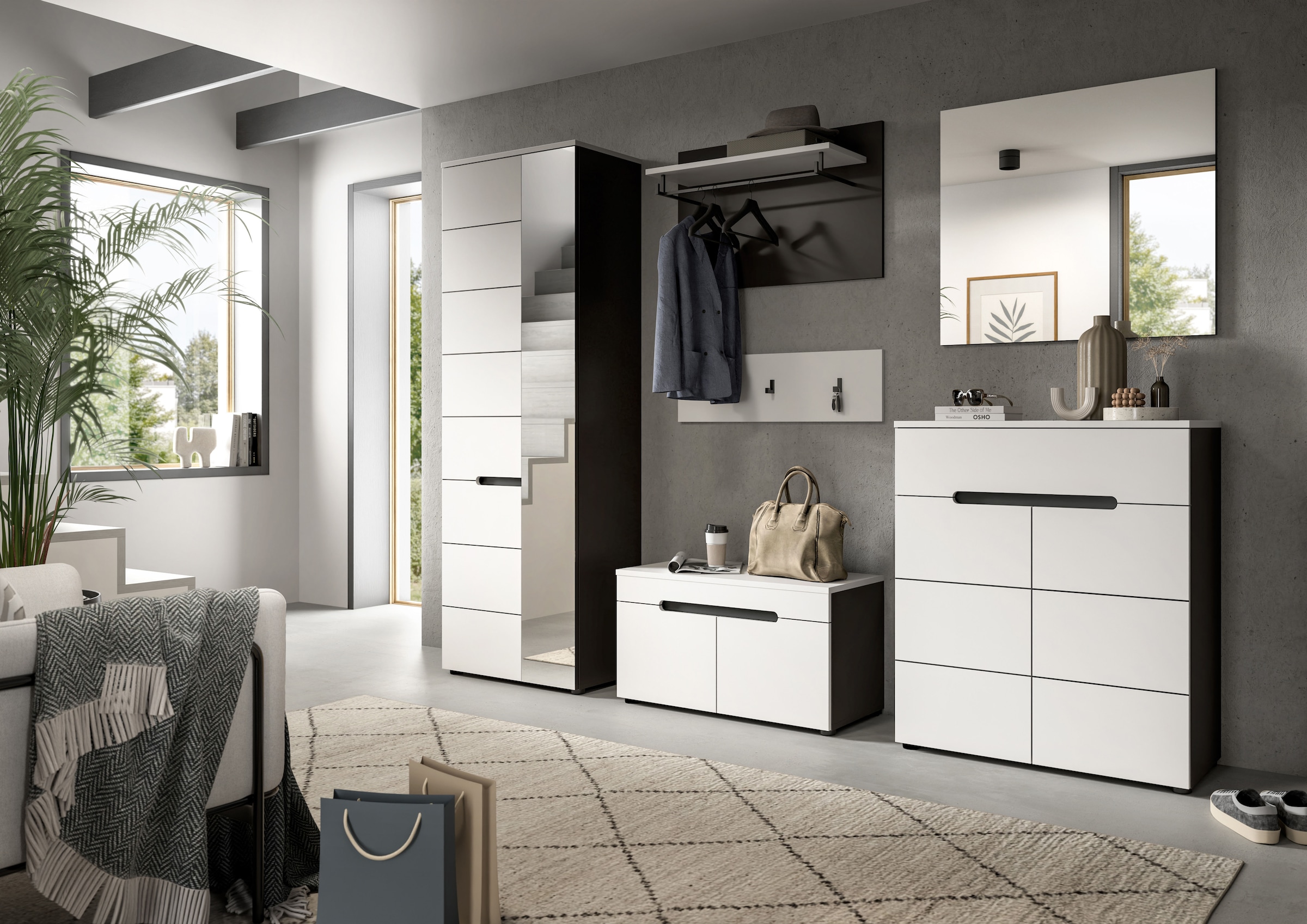 Home affaire Garderoben-Set »REHAT, TOPSELLER!, 5-teilig, Breite 175cm, individuell stellbar« bestehend aus: Sitzbank, Paneel, Hakenleiste, Spiegel, Kommode, 4 Stk. tlg.