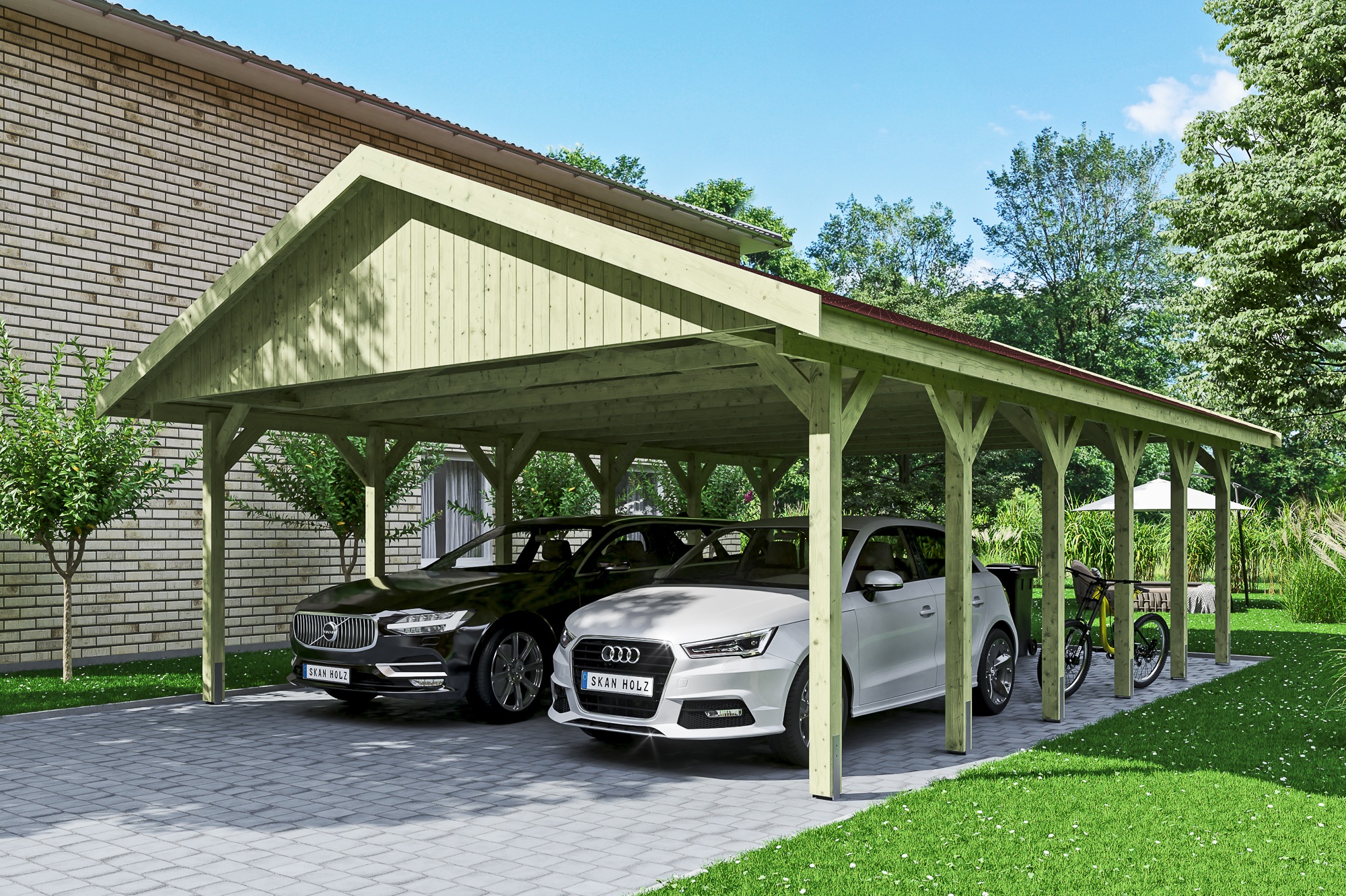 Skanholz Doppelcarport »Wallgau«, 530 cm, Grün, mit roten Dachschindeln