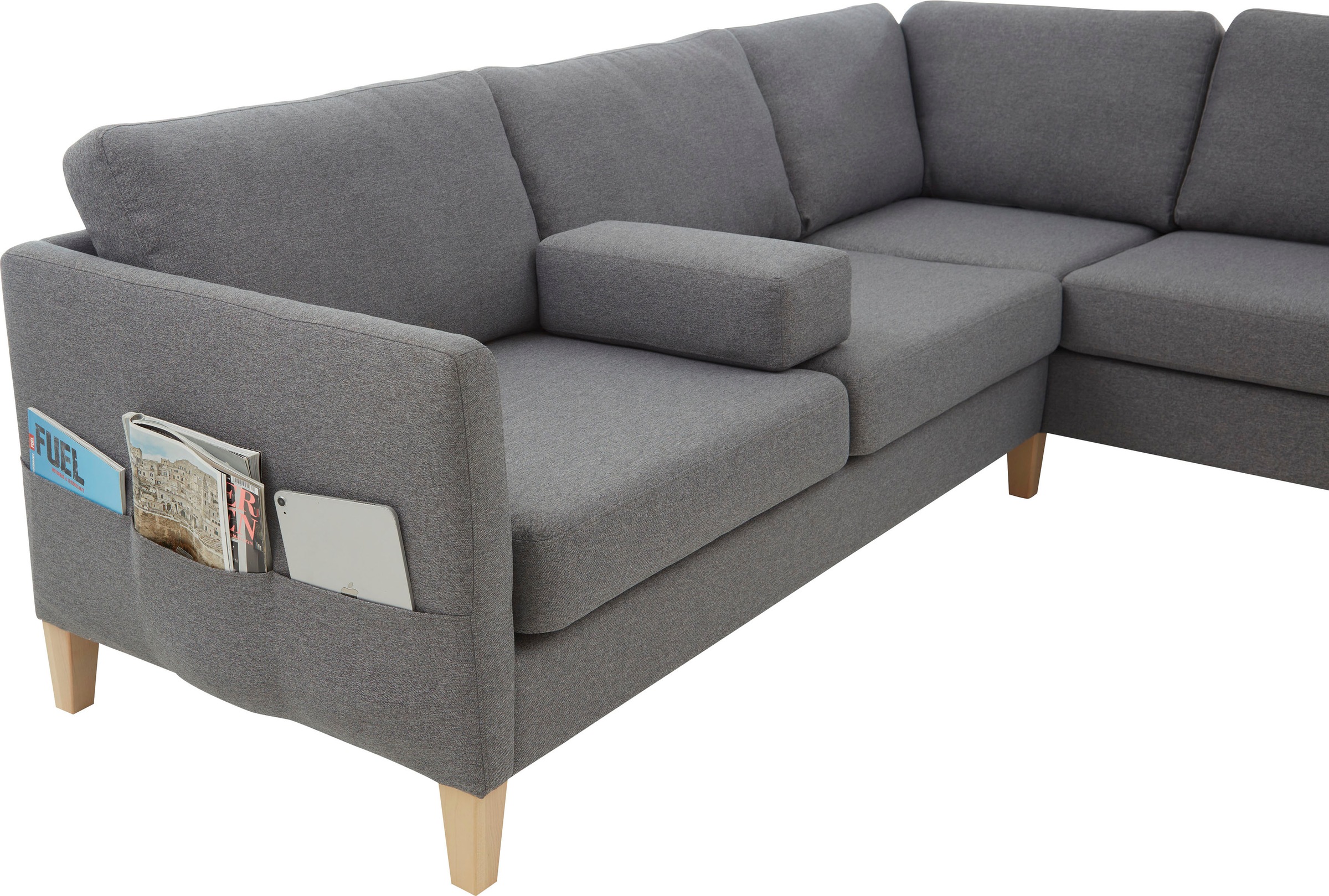 ATLANTIC home collection Ecksofa »Mailo L-Form«, mit Seitentaschen und Ottomane, mit Massivholzfüßen