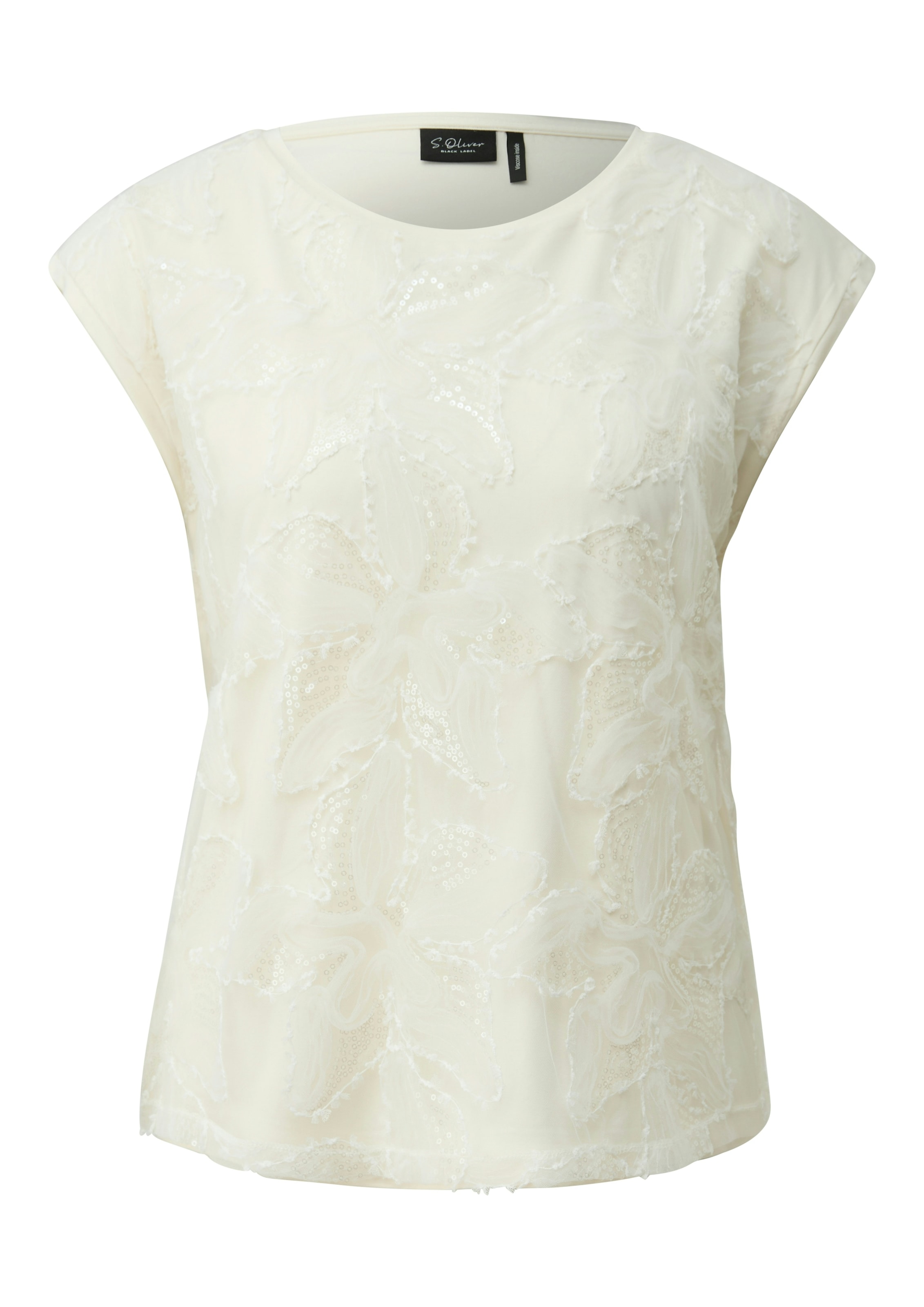 s.Oliver BLACK LABEL Paillettenshirt mit floralen Applikationen, pflegeleicht, taillierte Passform