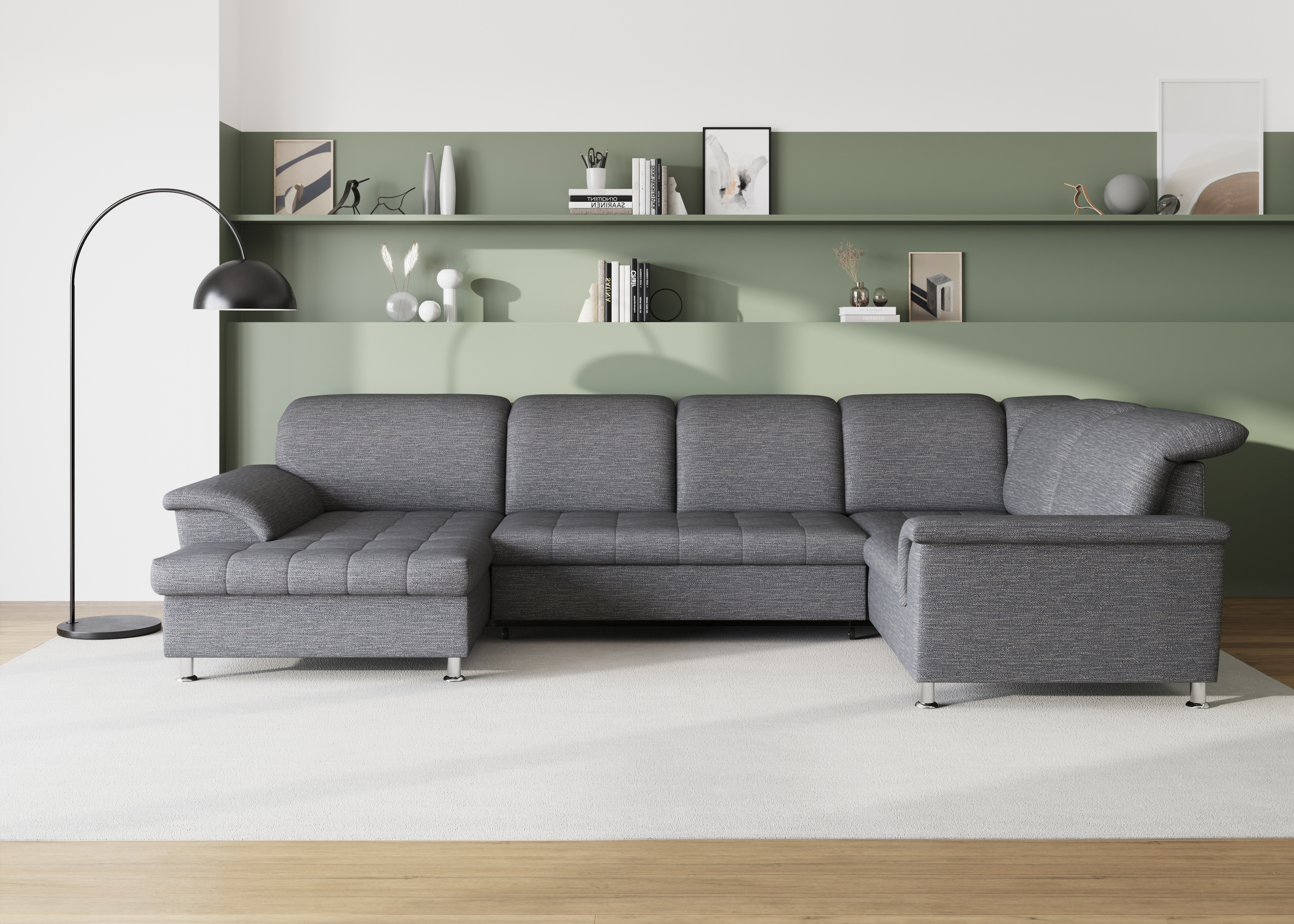 DOMO collection Wohnlandschaft "FRANZI optional mit Bettfunktion, Bettkasten & Kopfteilverstellung" U-Form, Recamiere links, weiß-grau, B/T: 352/214 cm