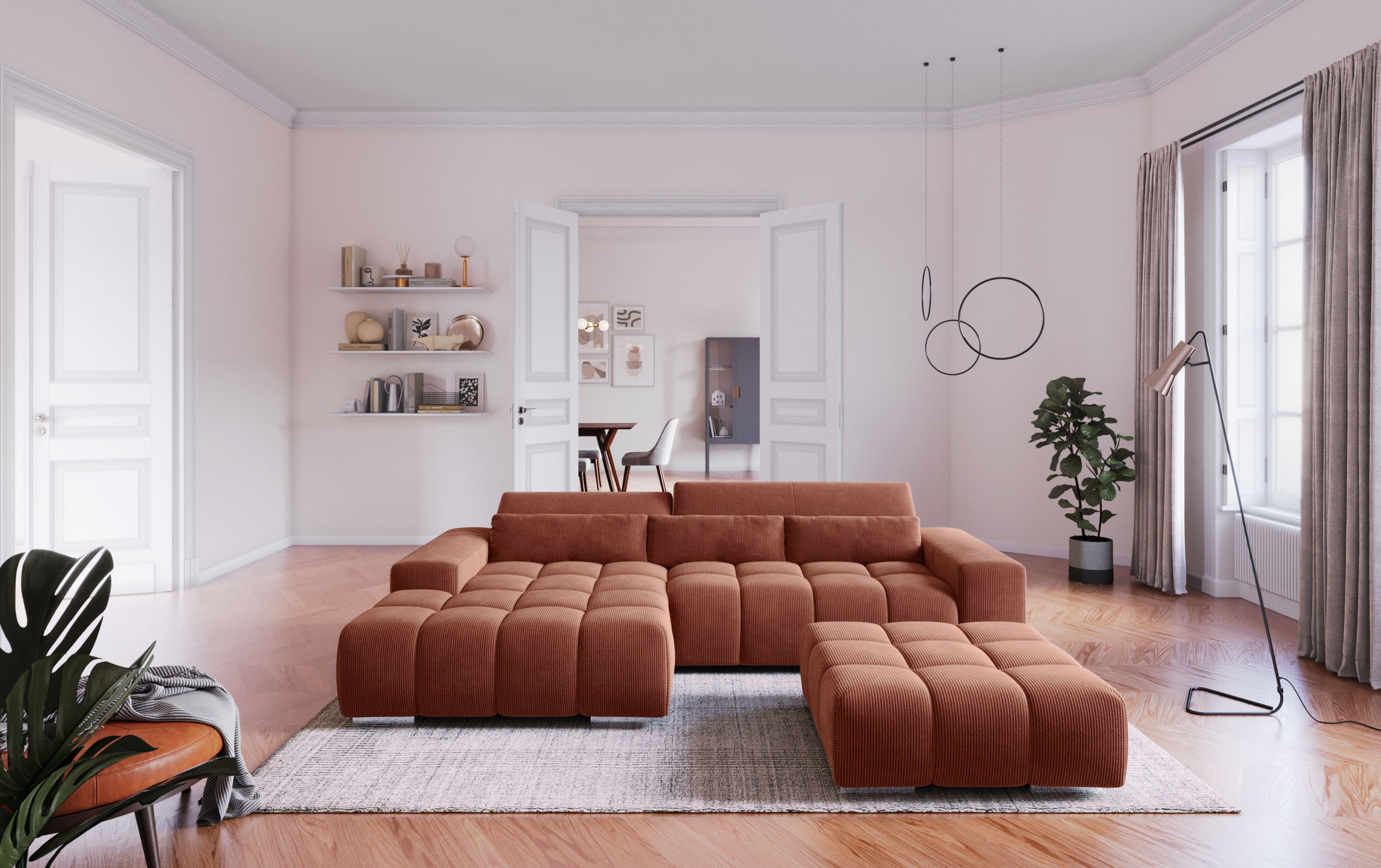 COTTA Ecksofa "Orion L-Form, B: 307 cm, moderne Steppung, bequeme Wellenunterfederung" 2x Kopfteilverstellung & 3 Nierenkissen
