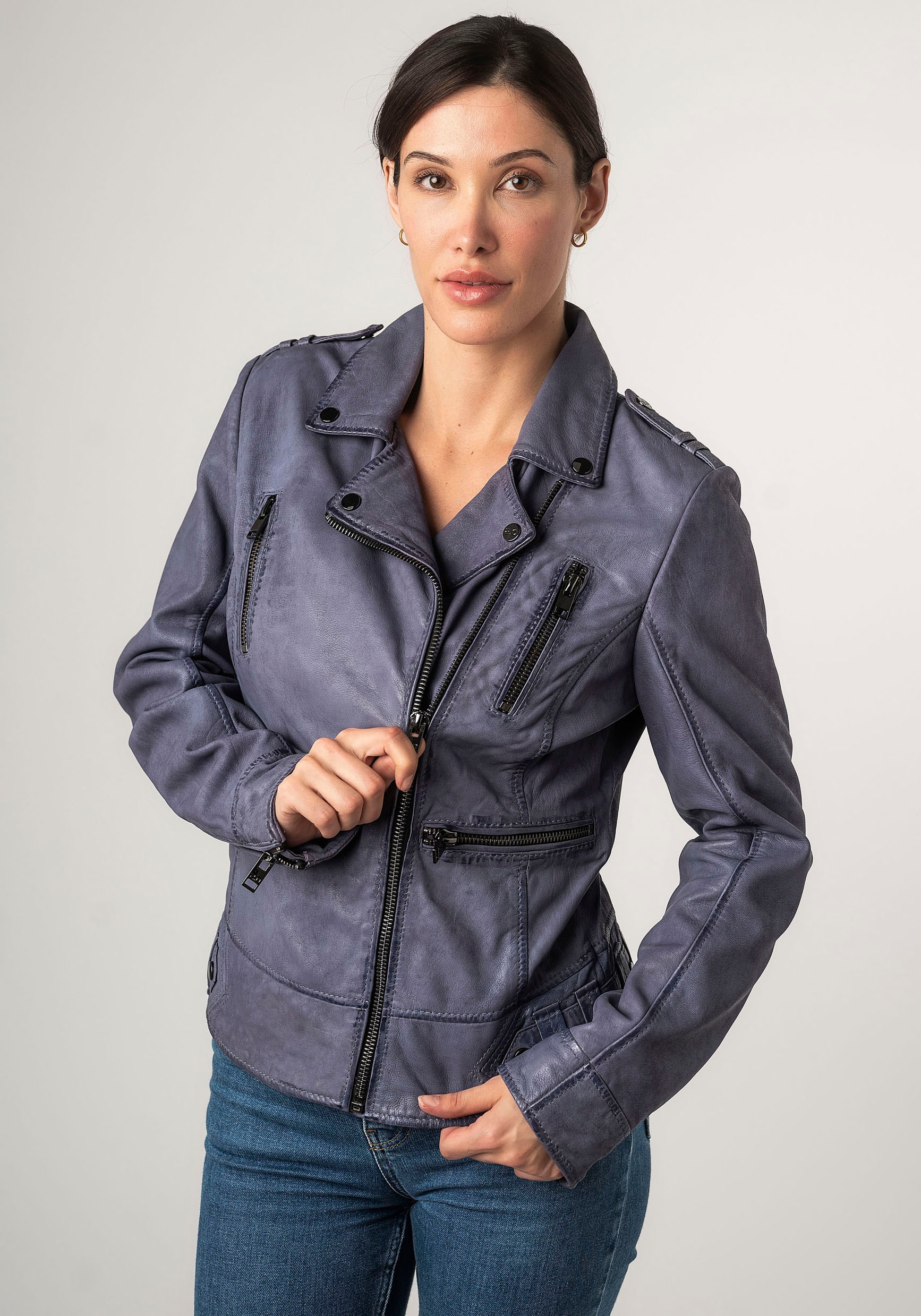 Mauritius Lederjacke »2Wtashi«, mit Schulterklappen, mit Nieten, mit Zipper-Taschen