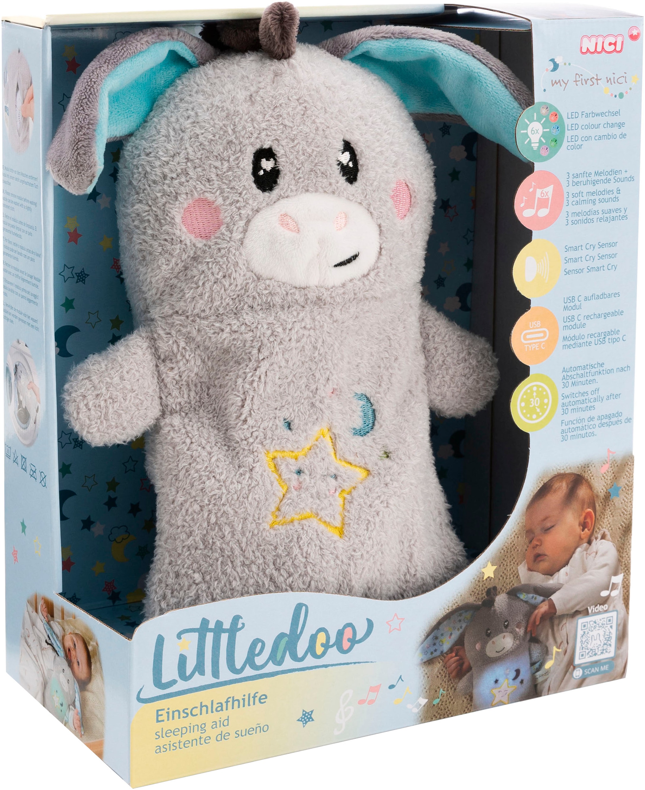 Nici Kuscheltier »My First NICI, Esel Littledoo 25 cm«, Baby Einschlafhilfe; mit Licht und Sound