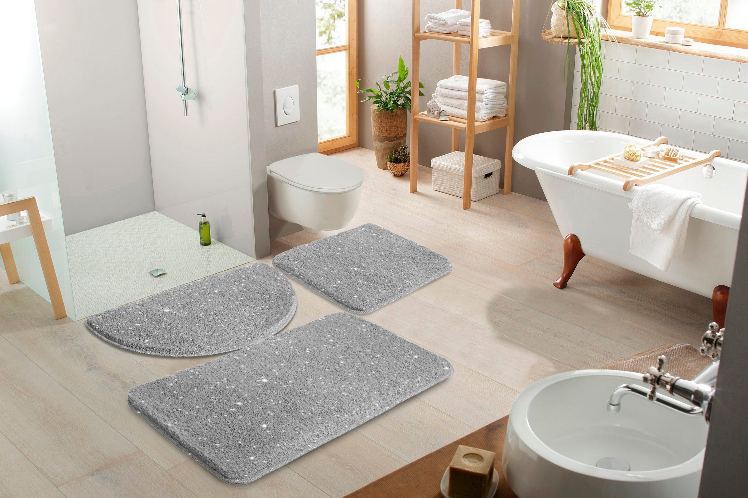 my home Badematte »Glitzer«, rutschhemmend beschichtet, fußbodenheizungsgeeignet-schnell trocknend-strapazierfähig, Badteppich, Akzente durch Glitzer-Garn