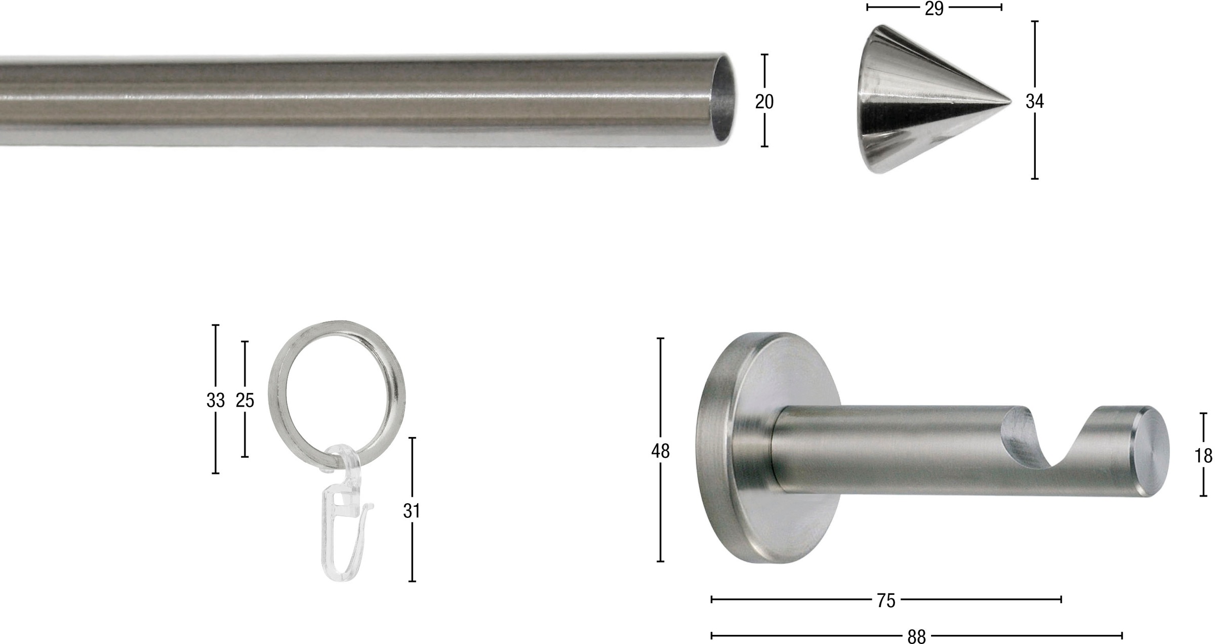 Thumbnail - GARESA Gardinenstange "PALMA" Ø 20 mm 1 läufig-läufig Wunschmaßlänge Vorhanggarnitur, verlängerbar, Wandmontage, Edelsta...