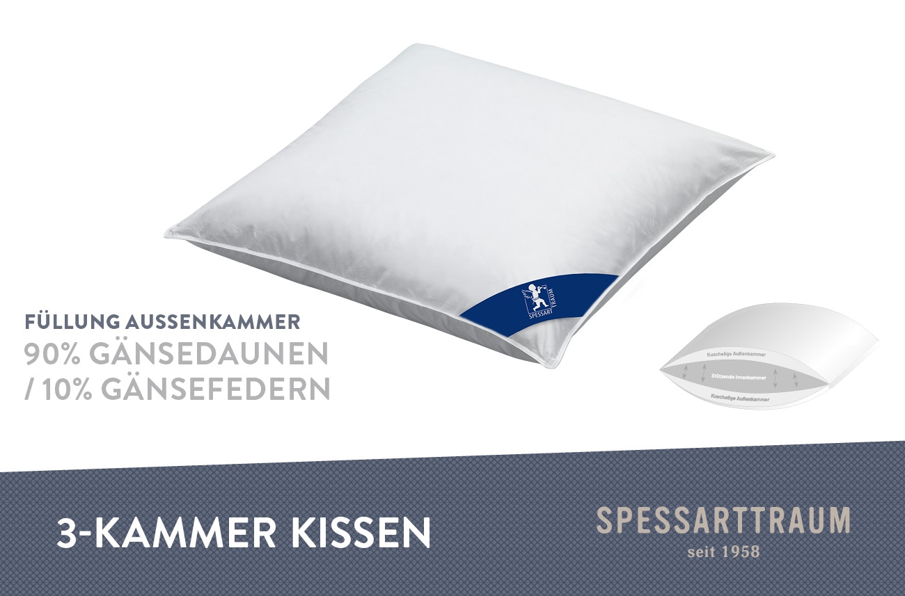 SPESSARTTRAUM 3-Kammer-Kopfkissen »Premium******«, Füllung: 90% Gänsedaunen / 10% Gänsefedern, Klasse 1, Downpass zertifiziert (Außenkammern), Bezug: 100% Baumwolle, nachhaltig (Made in Green), Hausstauballergiker geeignet, (1 St.), gute Stützkraft