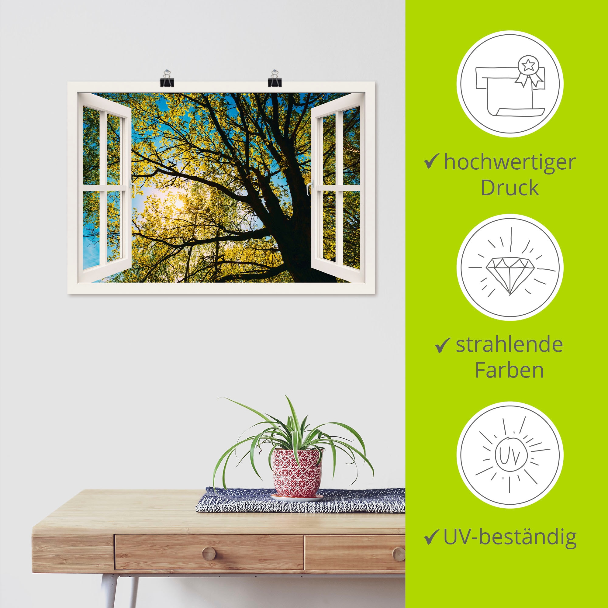 Artland Wandbild »Fensterblick Frühlingssonne Baumkrone«, Bäume, (1 St.), als Leinwandbild, Poster in verschied. Größen