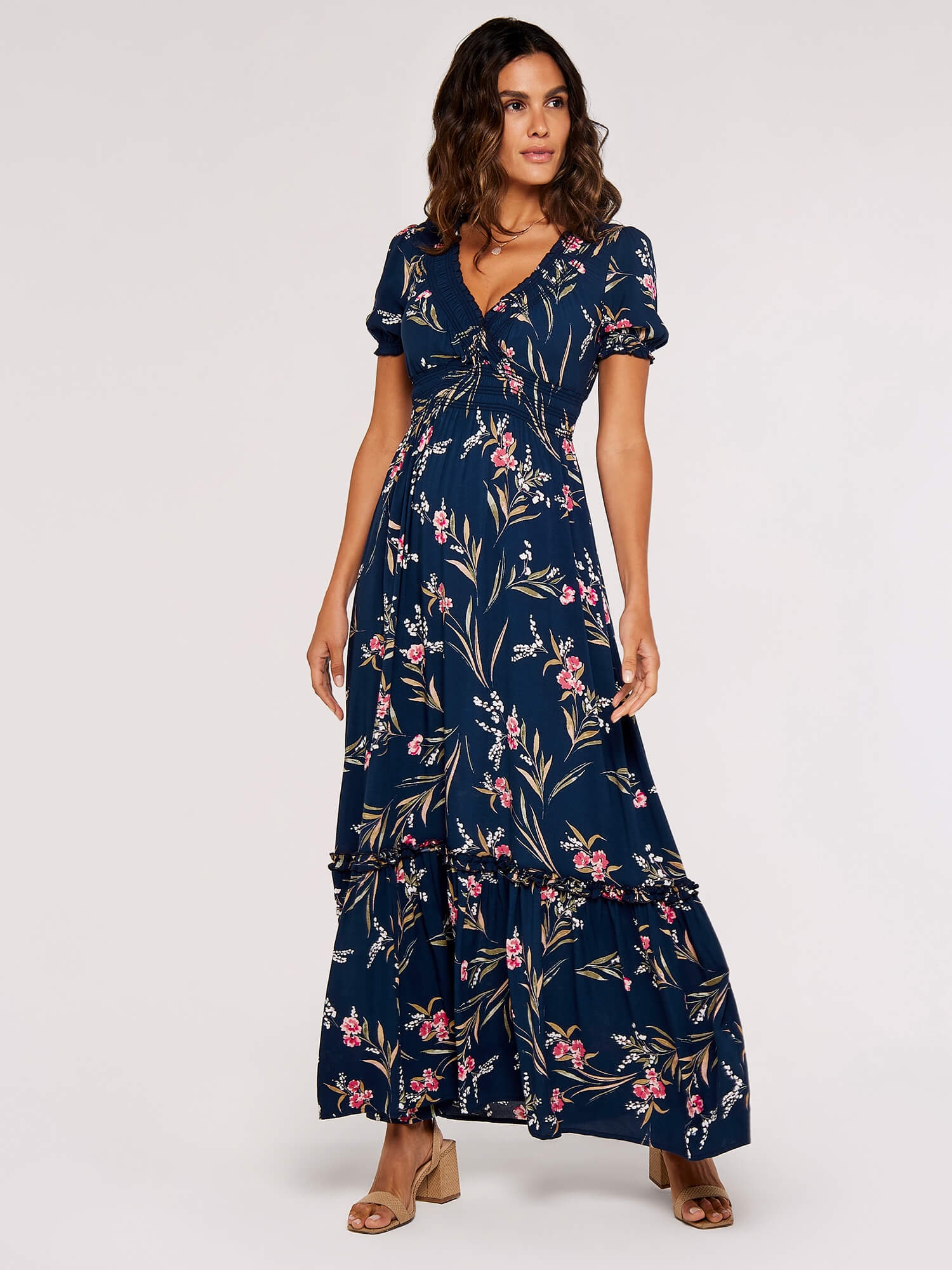 Apricot Druckkleid »Florales Maxikleid« mit gesmokter Taille