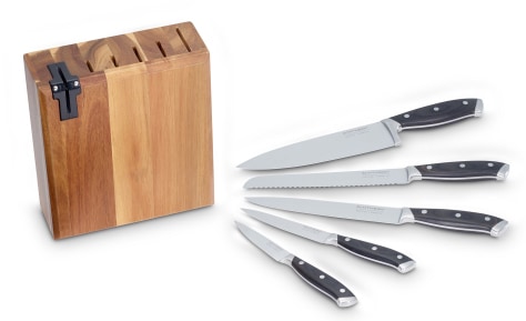 ECHTWERK Messerblock, 6 tlg., Küchenmesser-Set aus Akazienholz, Inkl. Integriertem Messerschärfer