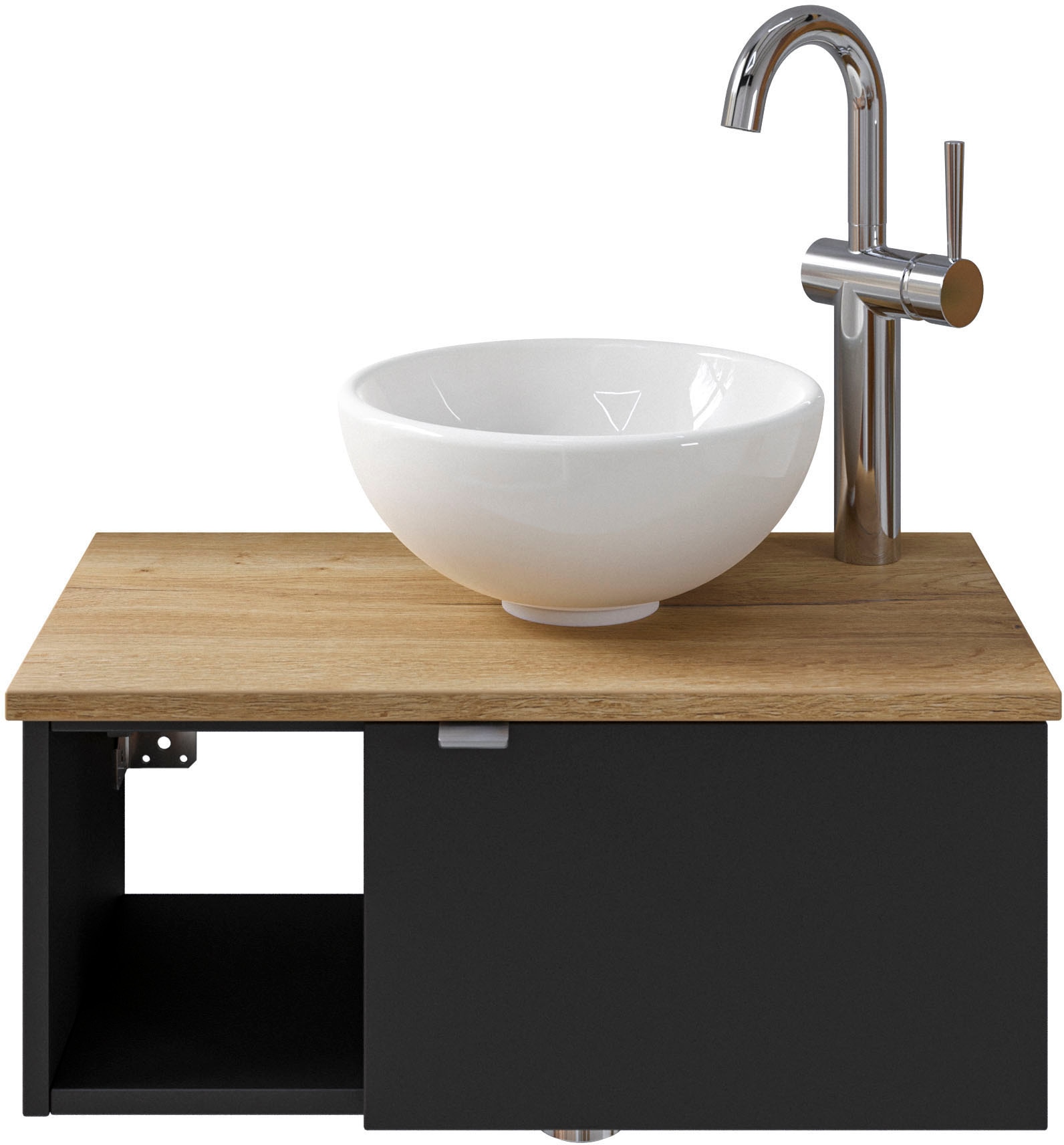 Saphir Waschtisch "Serie 6915 Waschschale mit Unterschrank für Gästebad, Gäste WC" Keramik-Aufsatzbecken, Waschtischplatte, Waschtischunterschrank, 3 Stk. tlg. 61 cm breit, 1 Tür, offenes Fach, kleine Bäder, ohne Armatur