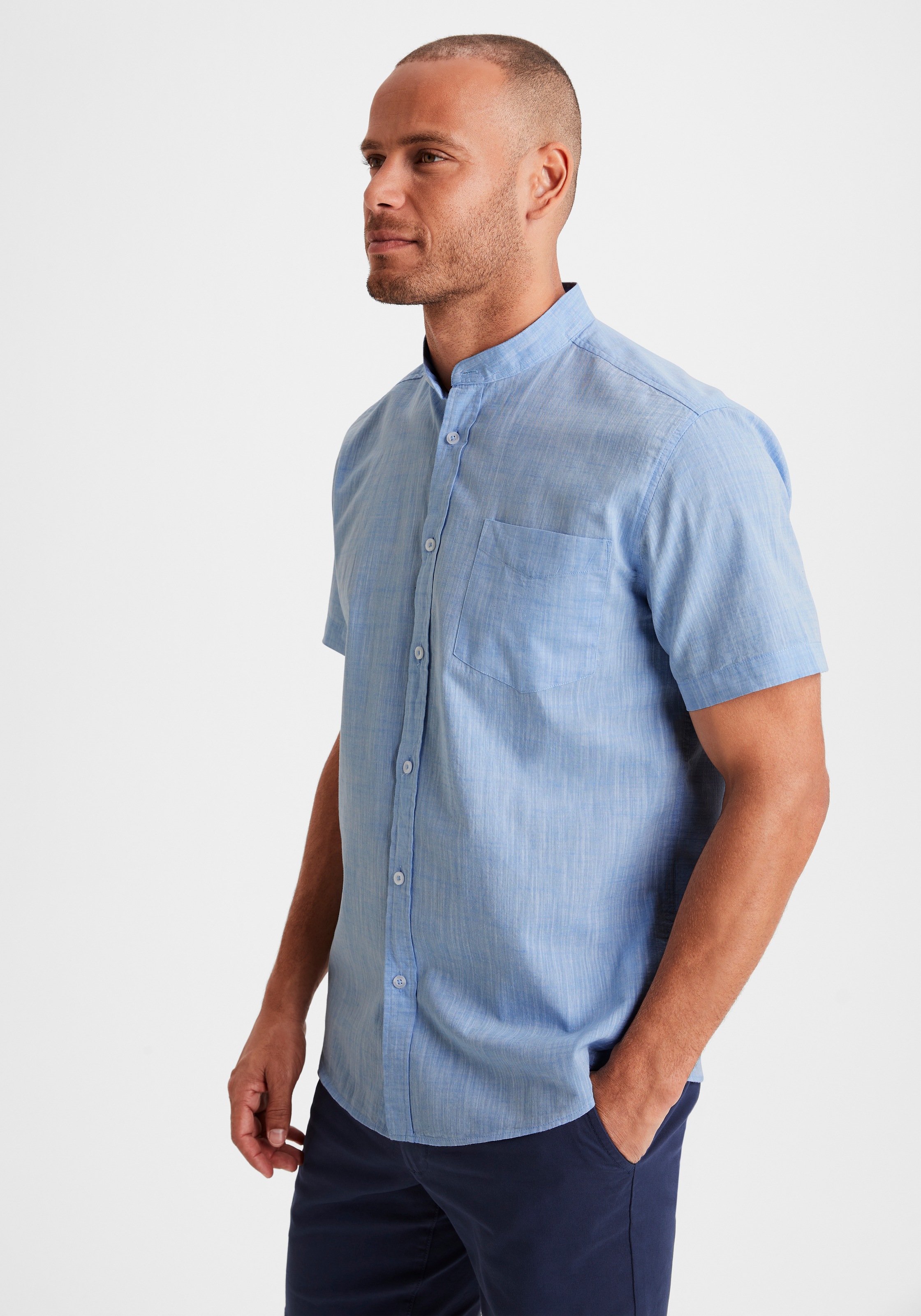 Kurzarmhemd H.I.S, Herren, Gr. L (41/42), N-Gr, blau, Web, Obermaterial: 100% Baumwolle, unifarben, regular fit, Rundhals, abgesteppte Kante, Hemden, Regular Fit, Stehkragenhemd mit Brusttasche, reine Baumwolle 3
