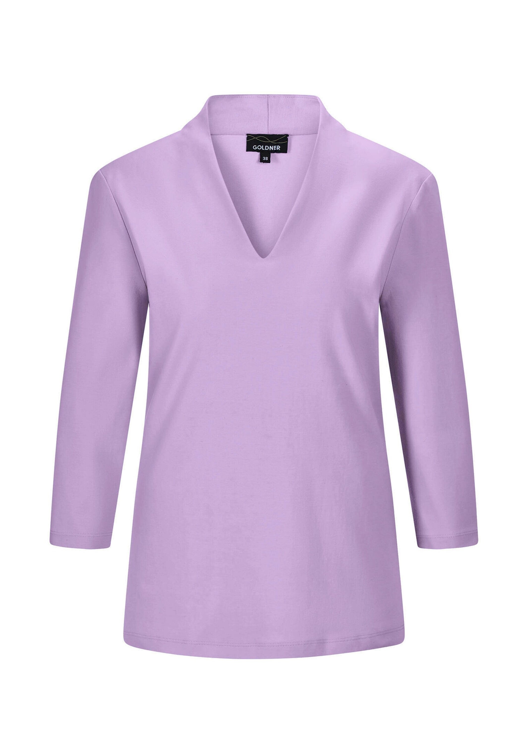 GOLDNER Damen Kurzarmshirt "Elegantes Basic-Shirt mit V-Ausschnitt", lila, Modisch, Gr. 54, Obermaterial: 100% Baumwolle CO., Shirts, V-Ausschnitt
