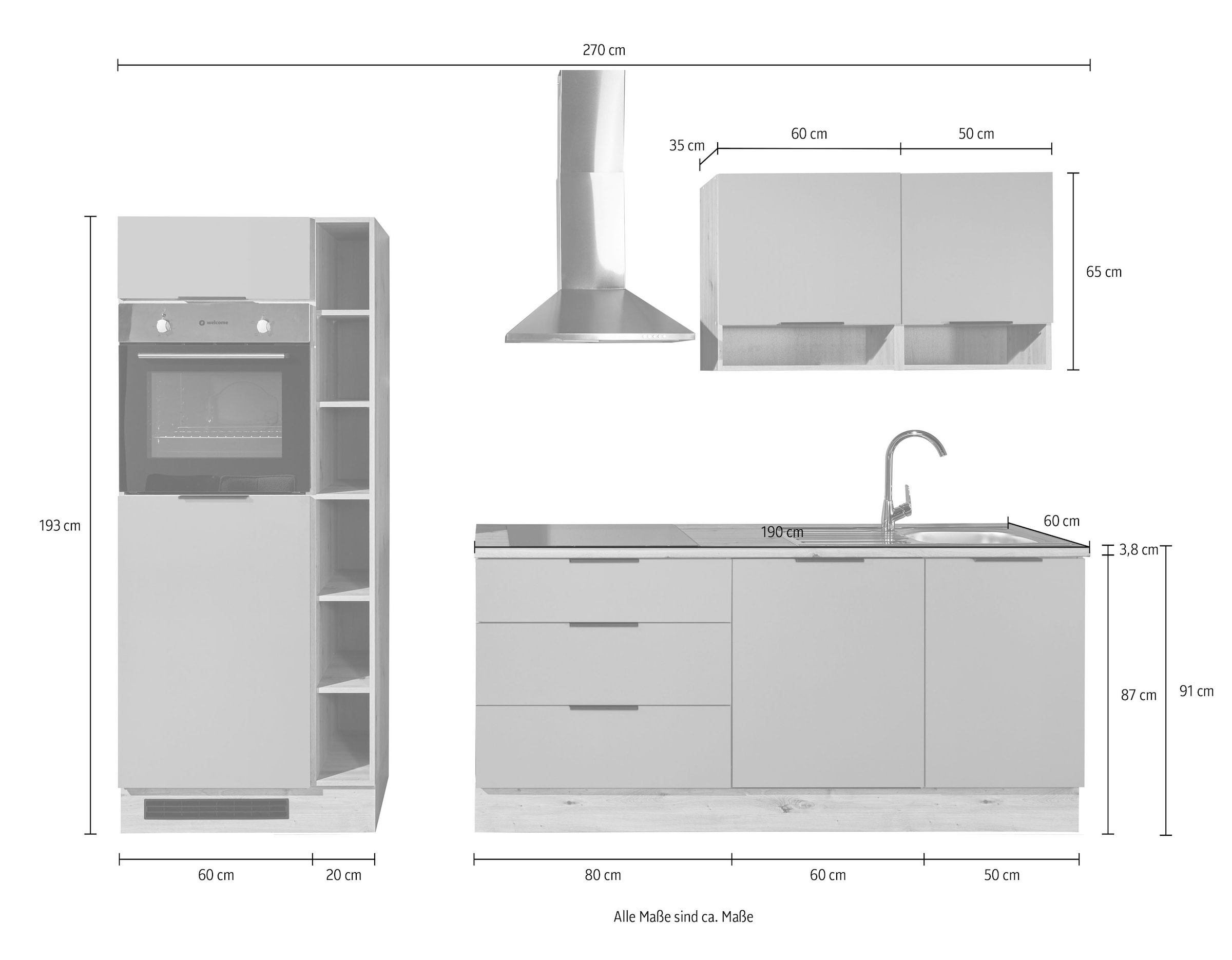 BASIC by Balculina Küchenzeile »Oskar B/H/T 270x211x60 cm« Breite 270cm, wahlweise mit E-Geräte, L/R montierbar