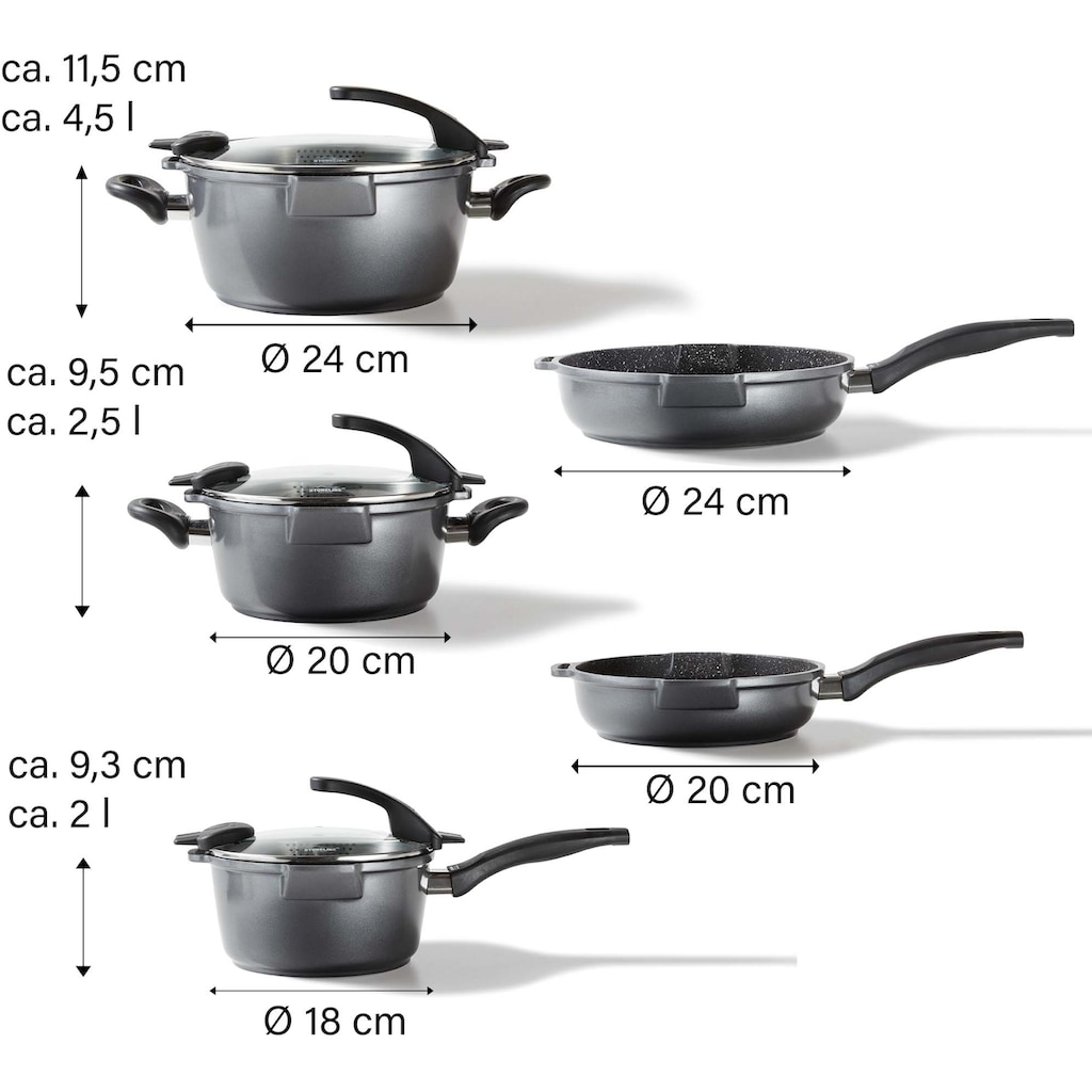 STONELINE Topf-Set »Future«, Aluminiumguss, (Set, 8 tlg., Kochtopf 20/24, Stieltopf 18 cm, Schmorpfanne 20/24 cm)