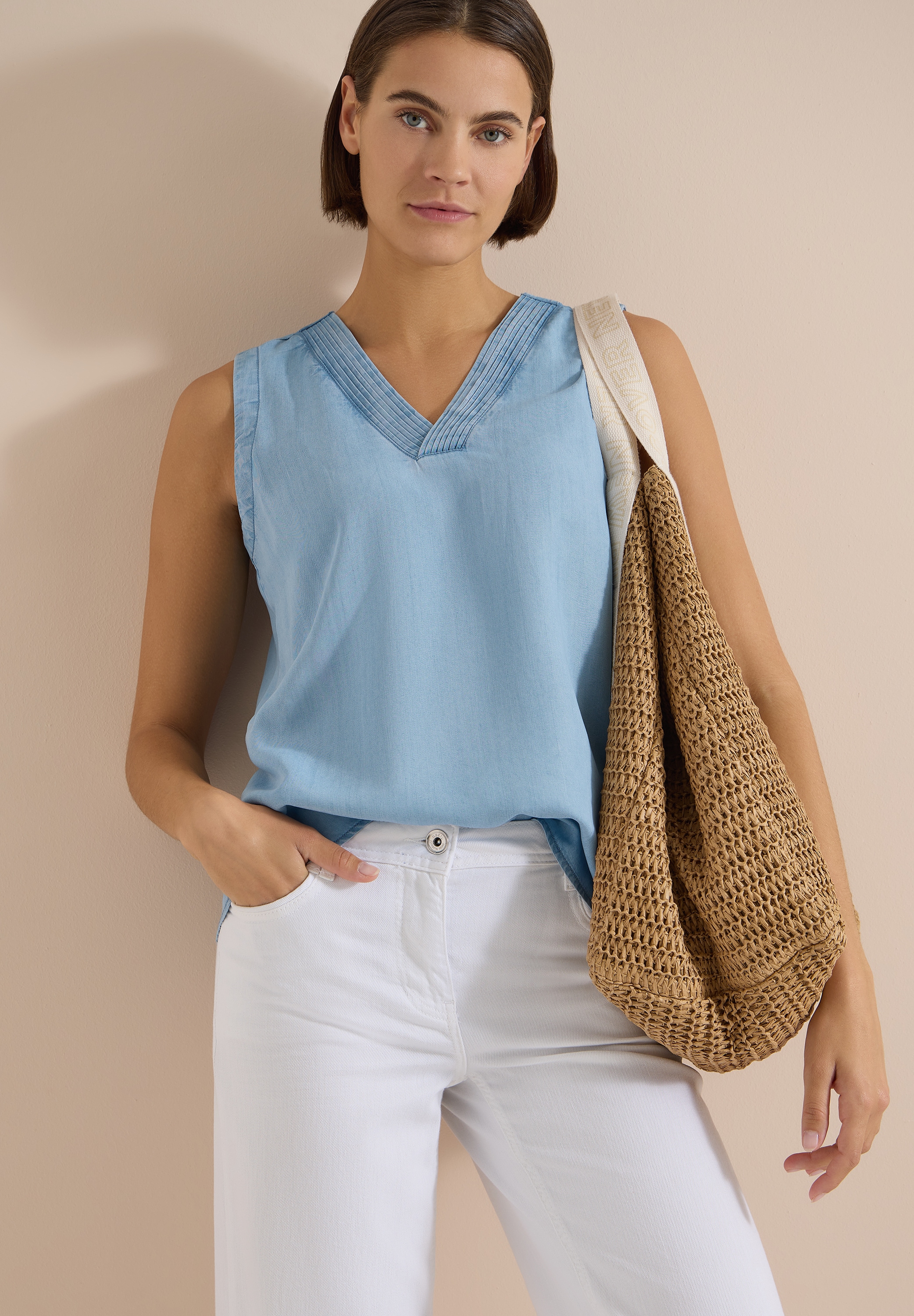 Cecil Blusentop Blusentop - Sommershirt im Denim-Look mit V-Neck