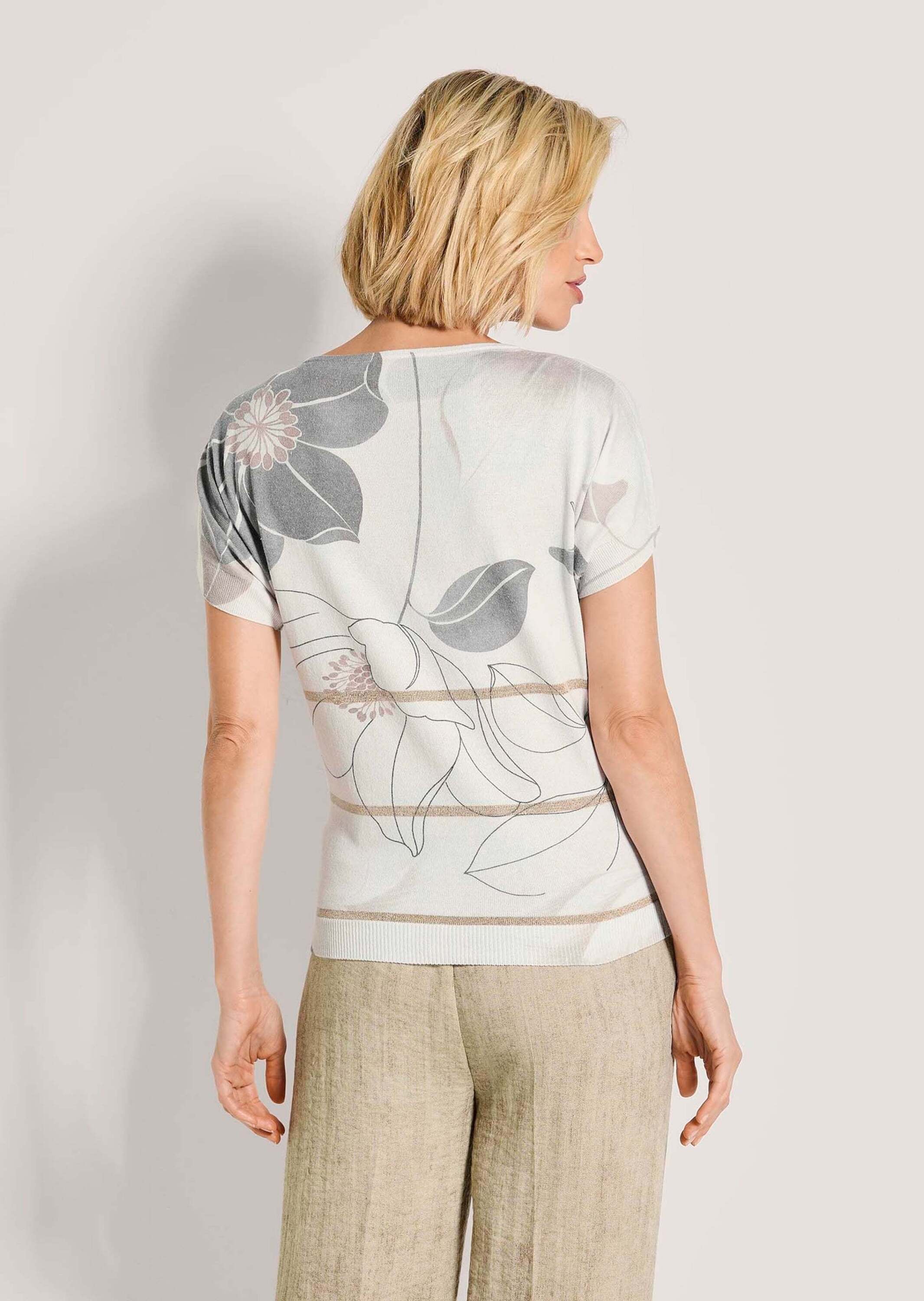 MADELEINE Longpullover »Feinstricktop Glanz-Top mit Blütenmuster« schimmernde Kontraststreifen