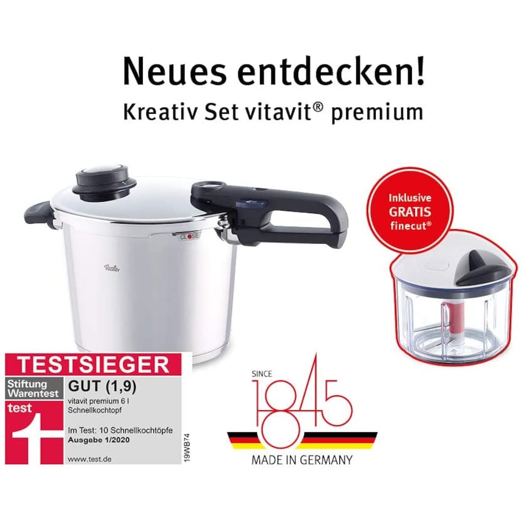 Fissler Schnellkochtopf »Vitavit® premium Schnellkochtopf 6l inkl. GRATIS finecut®«, Edelstahl 18/10, (2 tlg.)