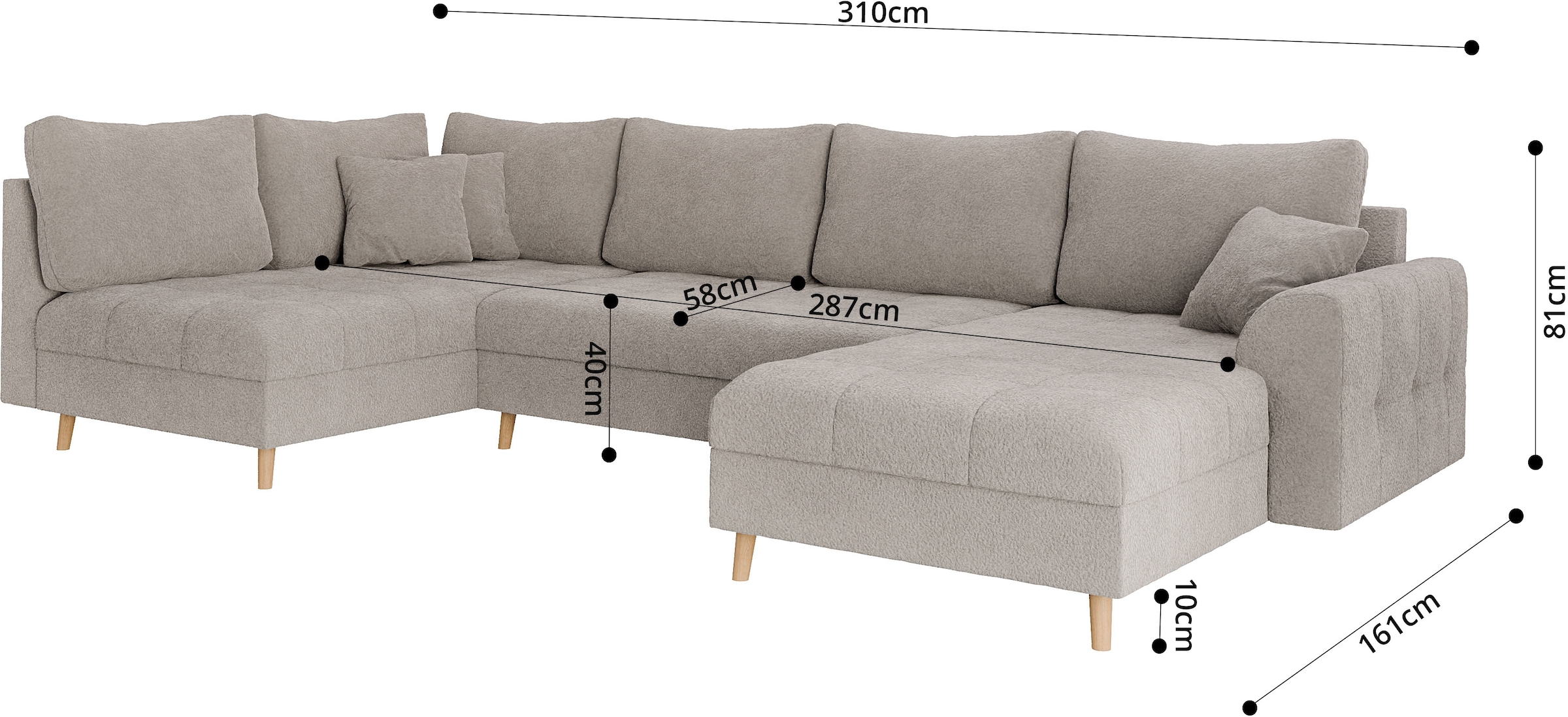 Home affaire Wohnlandschaft »CHARRE U-Form mit Ottomane, Maße B/T/H: 310/161/81 cm«, feine Steppung, lose Rücken- und Zierkissen, auch in Cord und Bouclé