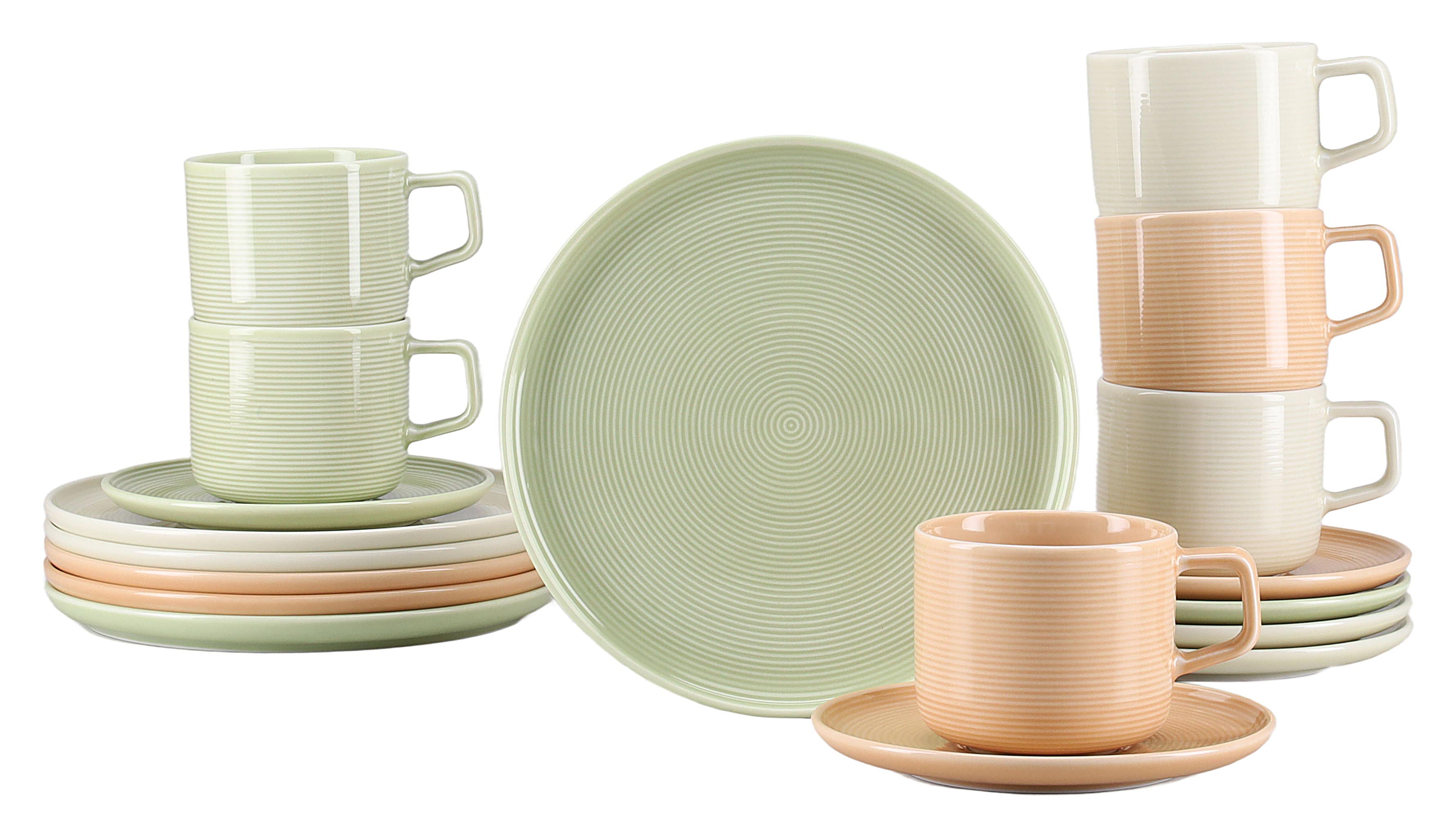 CreaTable Kaffeeservice "Session, Service, 18-tlg." Teller ohne Fahne mit großem Spiegel, Elegantes Rillenrelief