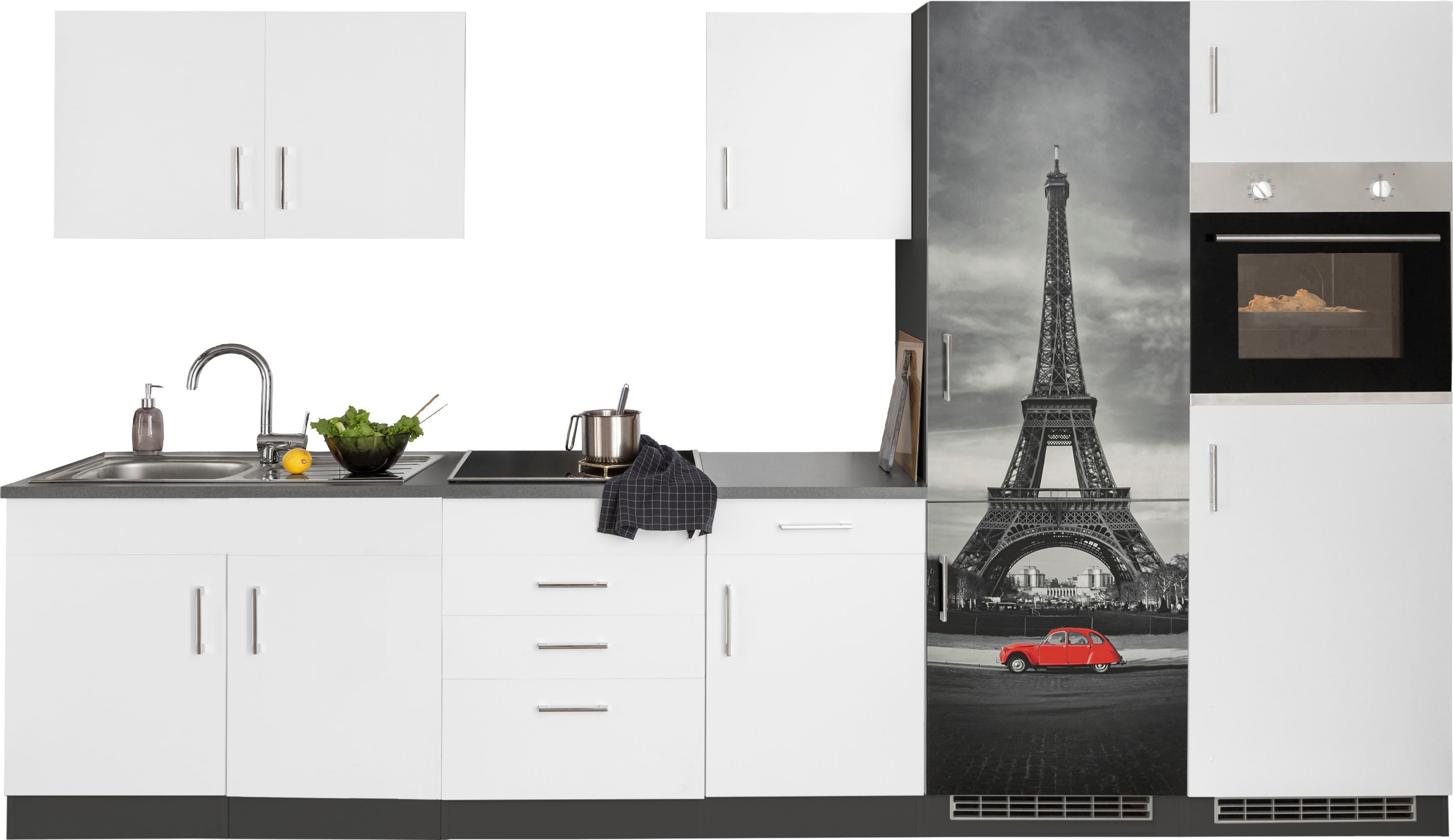 KOCHSTATION Küchenzeile "KS-Paris - Küchen mit einzigartigen Fotomotiven auf den Fronten" Breite 330 cm, wahlweise mit E-Geräten und Induktion
