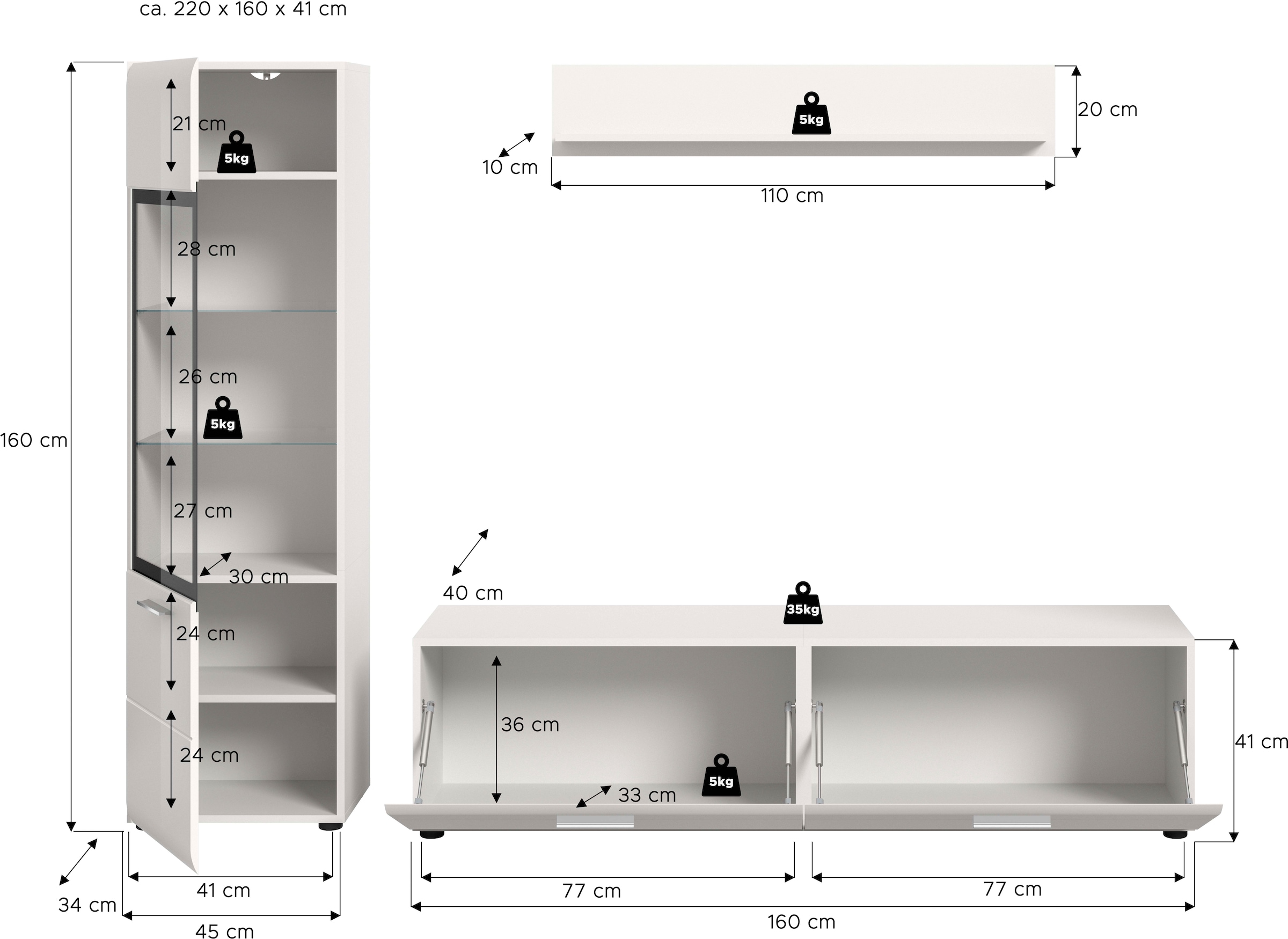 INOSIGN Wohnwand »FLORENZ, 3-teilige Wohn-Kombination, hochwertige MDF-Front« Set, Set, best. aus: 1 Vitrine, 1 Lowboard, 1 Wandboard, 3 Stk. tlg.