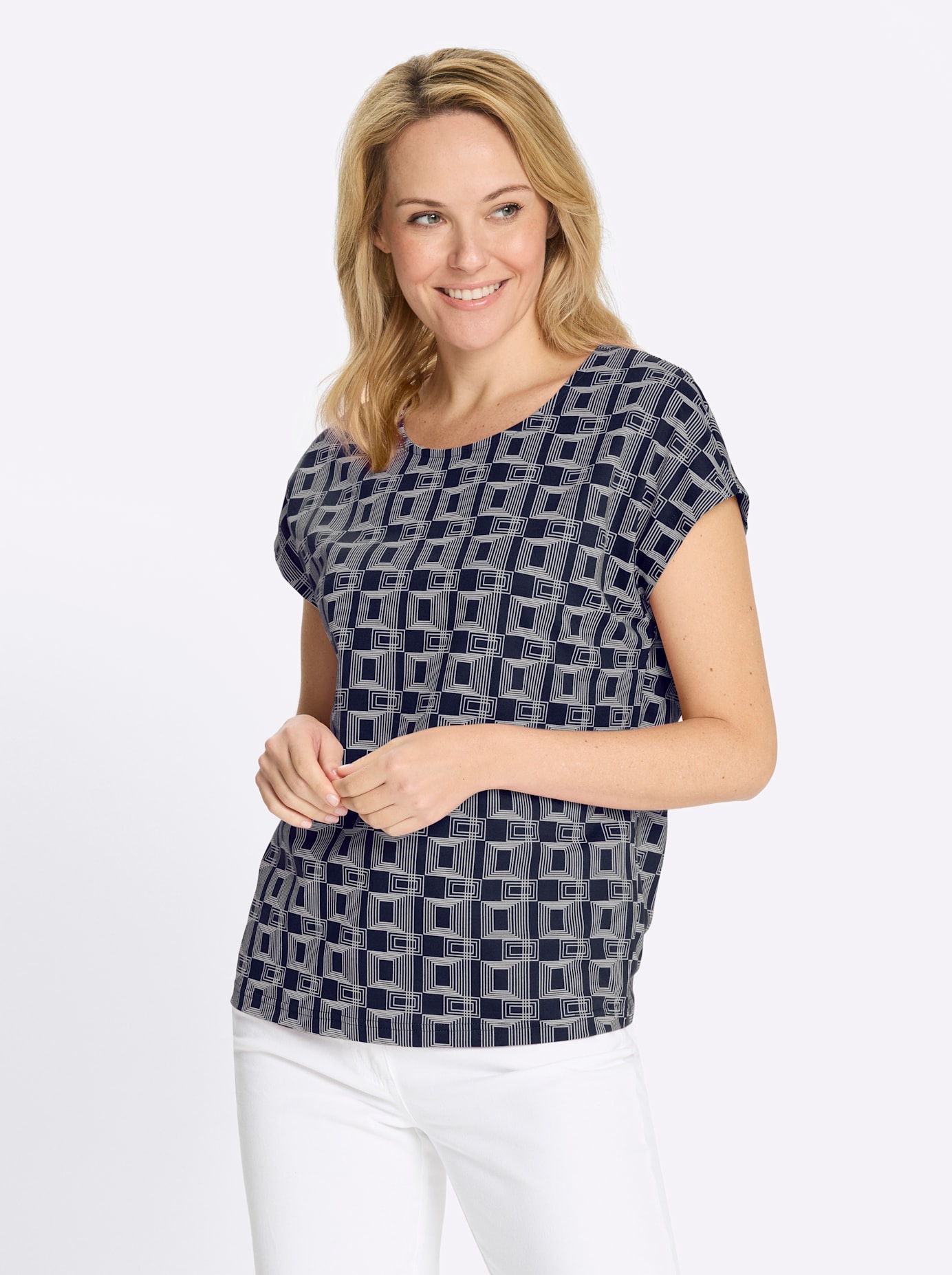 Kurzarmshirt CLASSIC BASICS "Kurzarm-Shirt", Damen, Gr. 42, marine, ecru, bedruckt, 100% Baumwolle, bedruckt, gemustert, Rundhals, Shirts