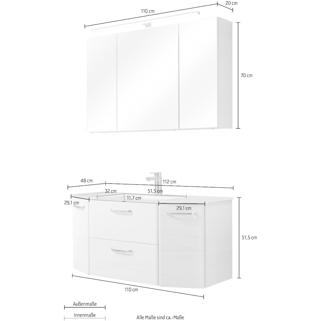 Saphir Badmöbel-Set »Quickset 2-teilig, Glas-Waschtisch mit LED-Spiegelschrank, 5 Türen«, (Set, 2 St.)