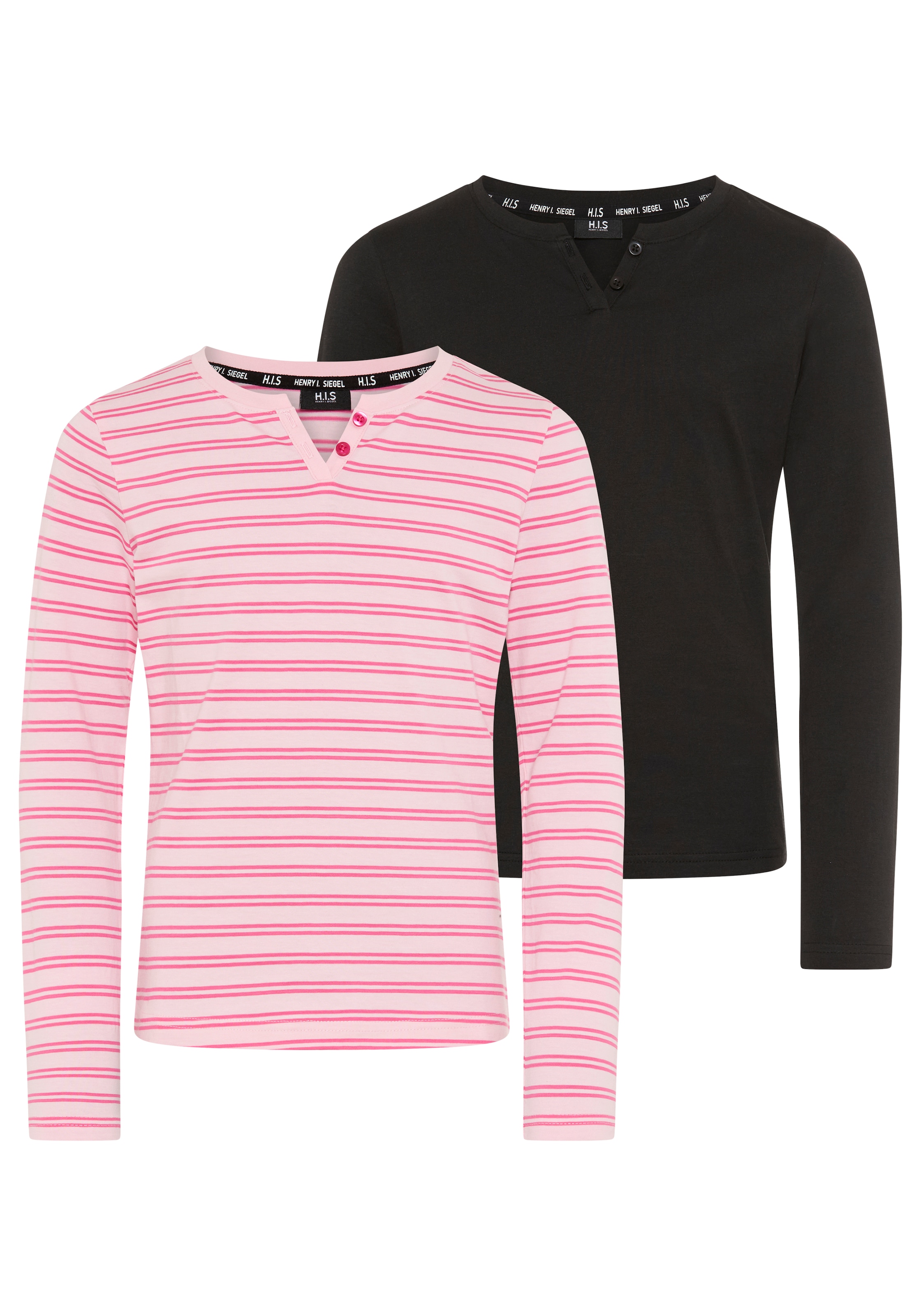 Langarmshirt H.I.S "2er Pack Shirts 1x uni + 1x geringelt, für Mädchen", Mädchen, Gr. 140/146, schwarz, pink geringelt, Single Jersey, Obermaterial: 100% Baumwolle, geringelt, unifarben, Basic, Rundhals, Shirts Langarmshirt, für Mädchen, Langarm, mit Rund