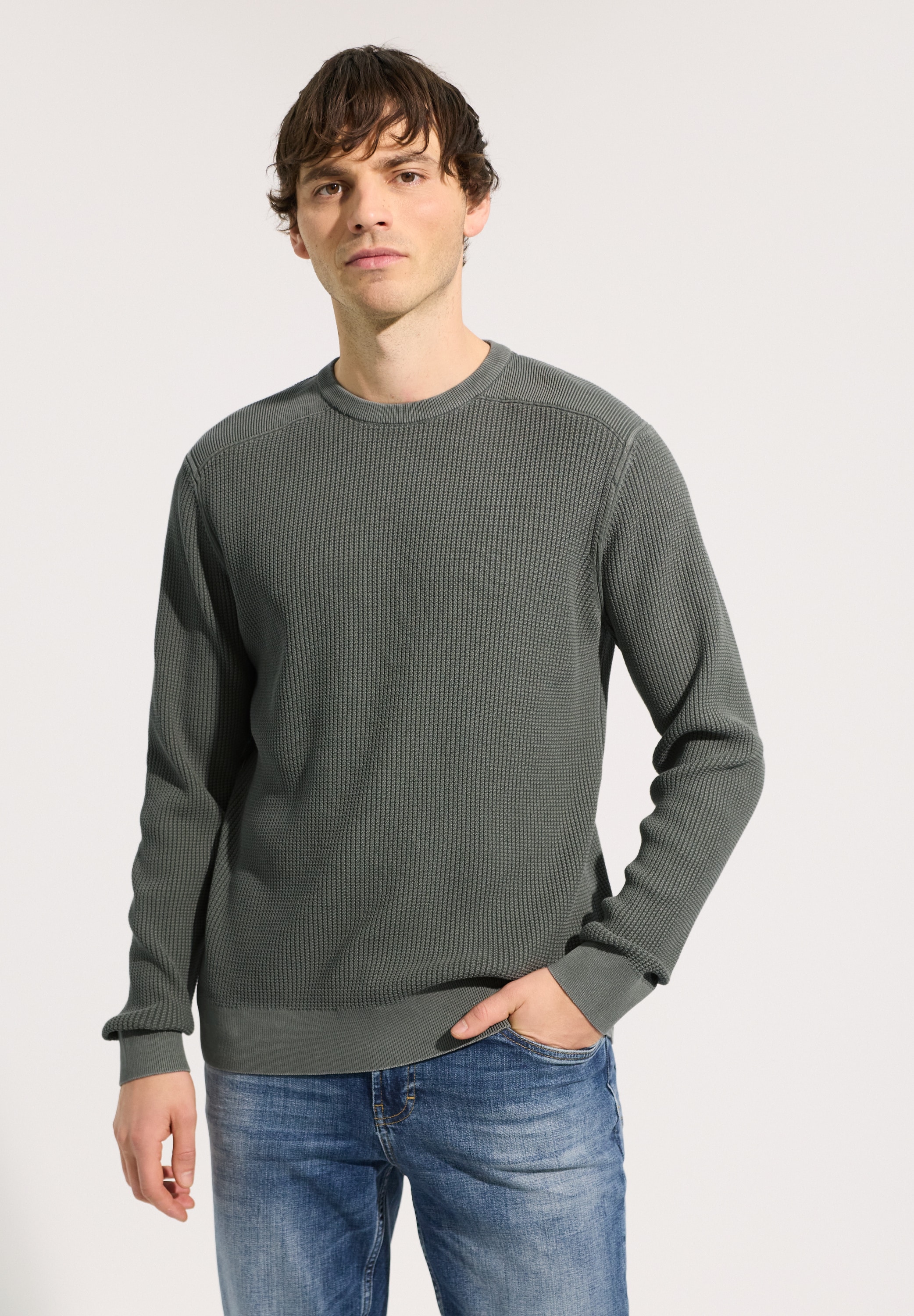 STREET ONE MEN Rundhalspullover aus reiner Baumwolle