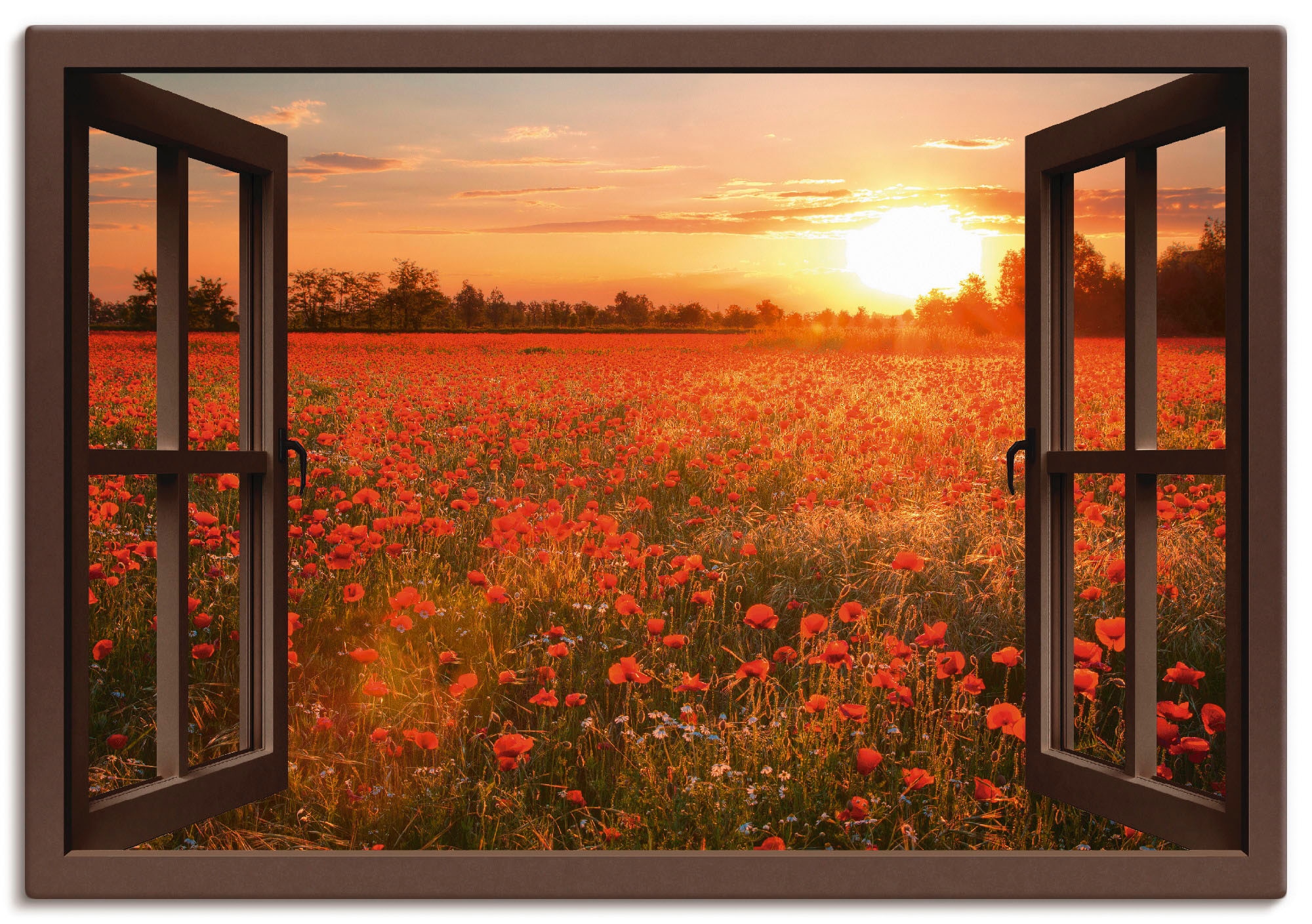 Artland Leinwandbild "Fensterblick Mohnblumenfeld - braun", Blumen, (1 St.), auf Keilrahmen gespannt