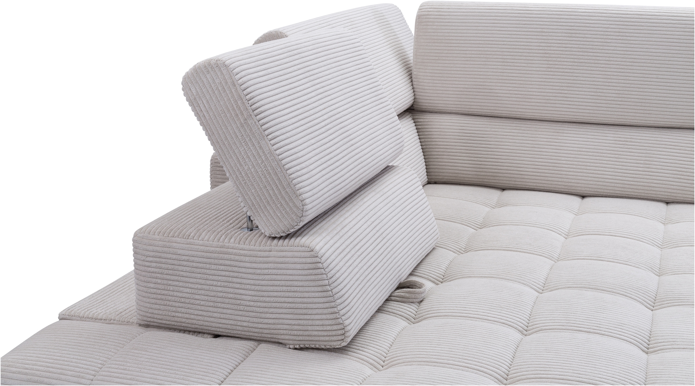 exxpo - sofa fashion Ecksofa »Elianos, hoher Sitzkomfort, aufwendige Kreuzsteppung im Sitz, L-Form«, Kopfteile & Sitztiefe verstellbar, mit Bettfunktion, Cord, beige