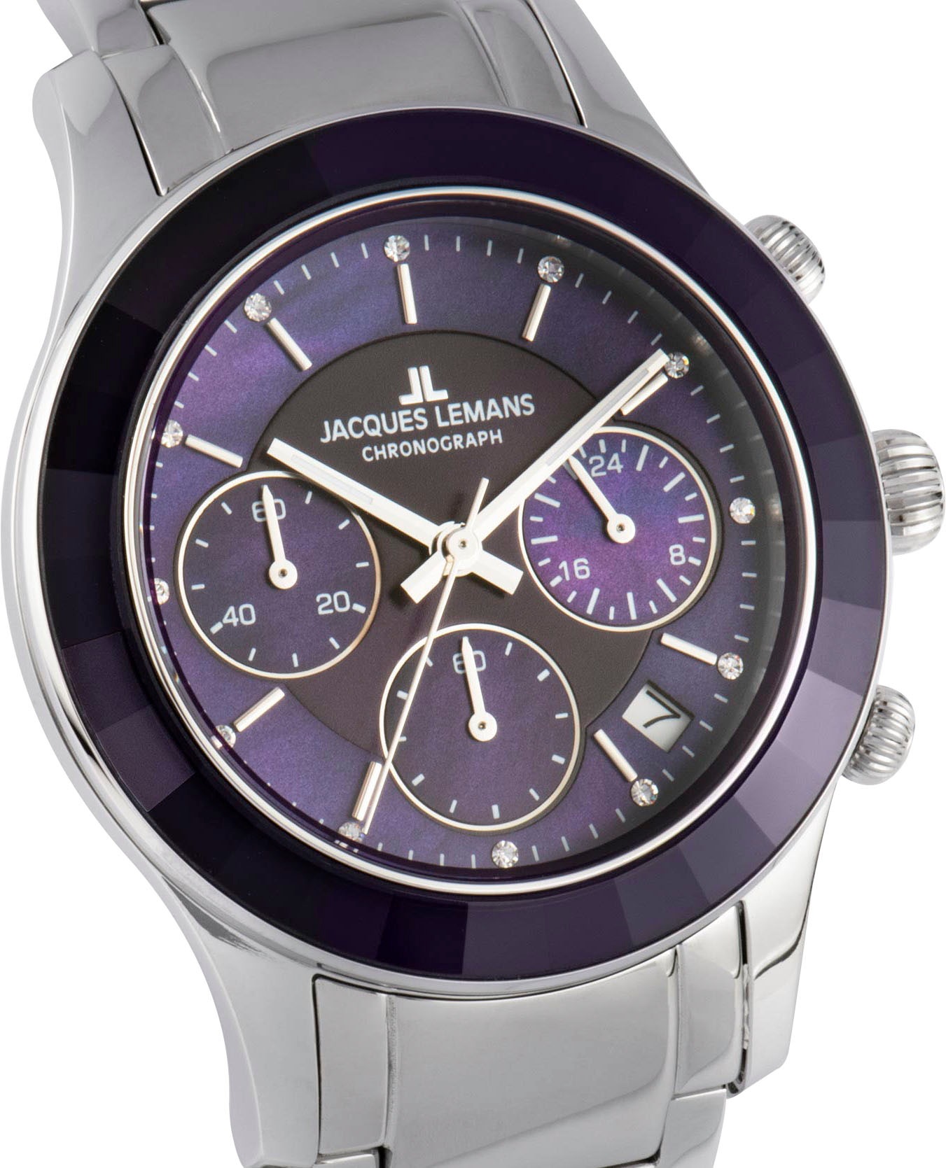Jacques Lemans Chronograph »Venice«, Armbanduhr, Damenuhr, Edelstahlarmband, Stoppfunktion, Datum, Perlmutt