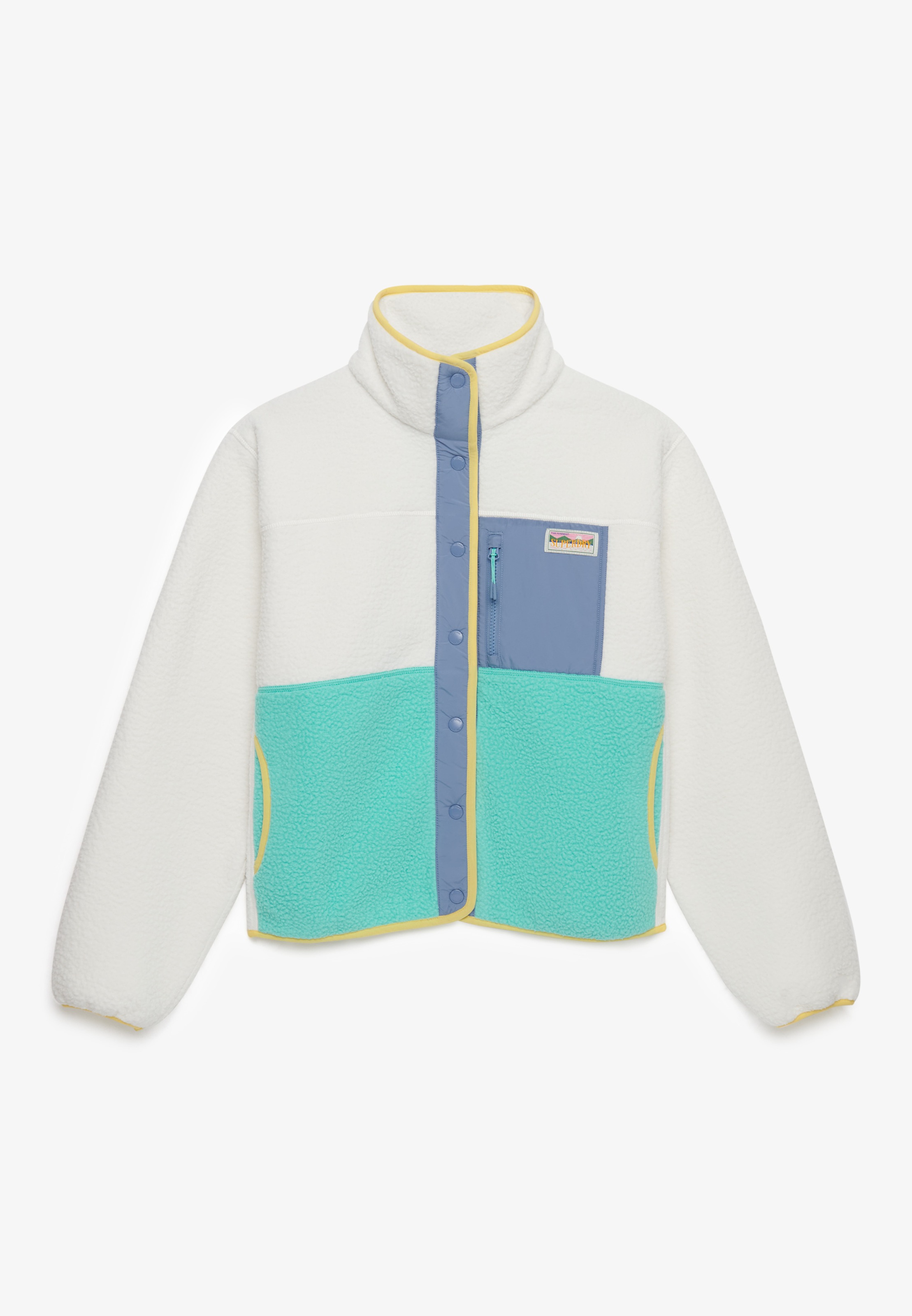 Superdry Fleecejacke »COLOUR BLOCK FLEECE JACKET« Kunstfaser, oversize, Colorblock, Superdry-Etikett an der Brusttasche