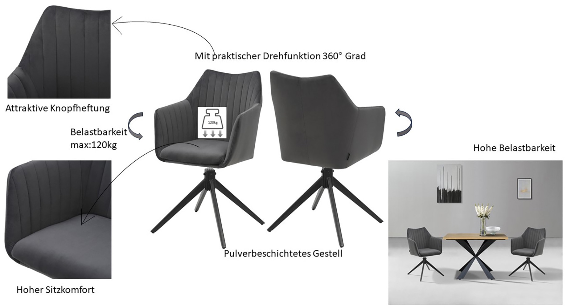 Home affaire Esszimmerstuhl »TAMPAST1, TOPSELLER!«, (Set), 2 St., Samtvelours, mit Drehfunktion 360 Grad