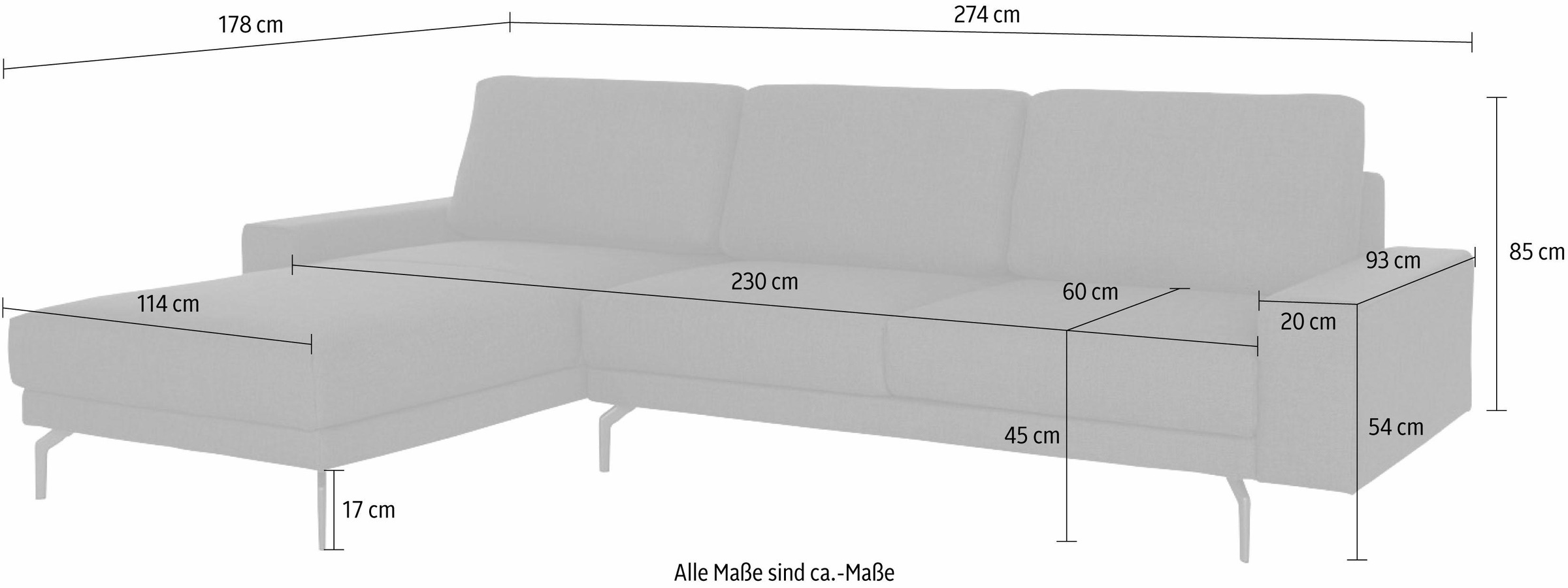 hülsta sofa Ecksofa »hs.450«, Armlehne breit und niedrig, Alugussfüße in umbragrau, Breite 274 cm