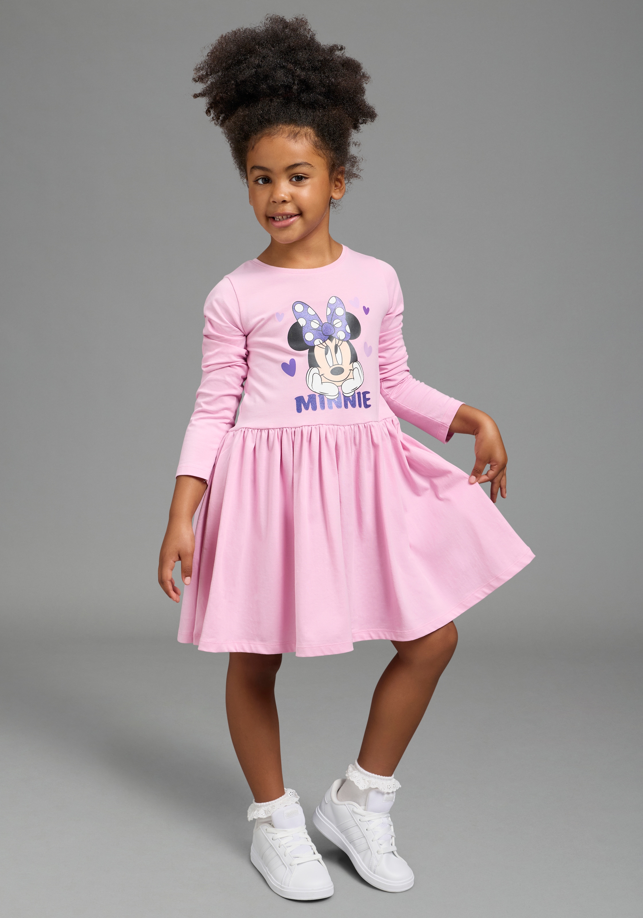 KIDSWORLD Jerseykleid "MINNIE MOUSE Kleid, Disney" Disney Jerseykleid, mit Rundhalsausschnitt, bedruckt, mit Glitzerdruck