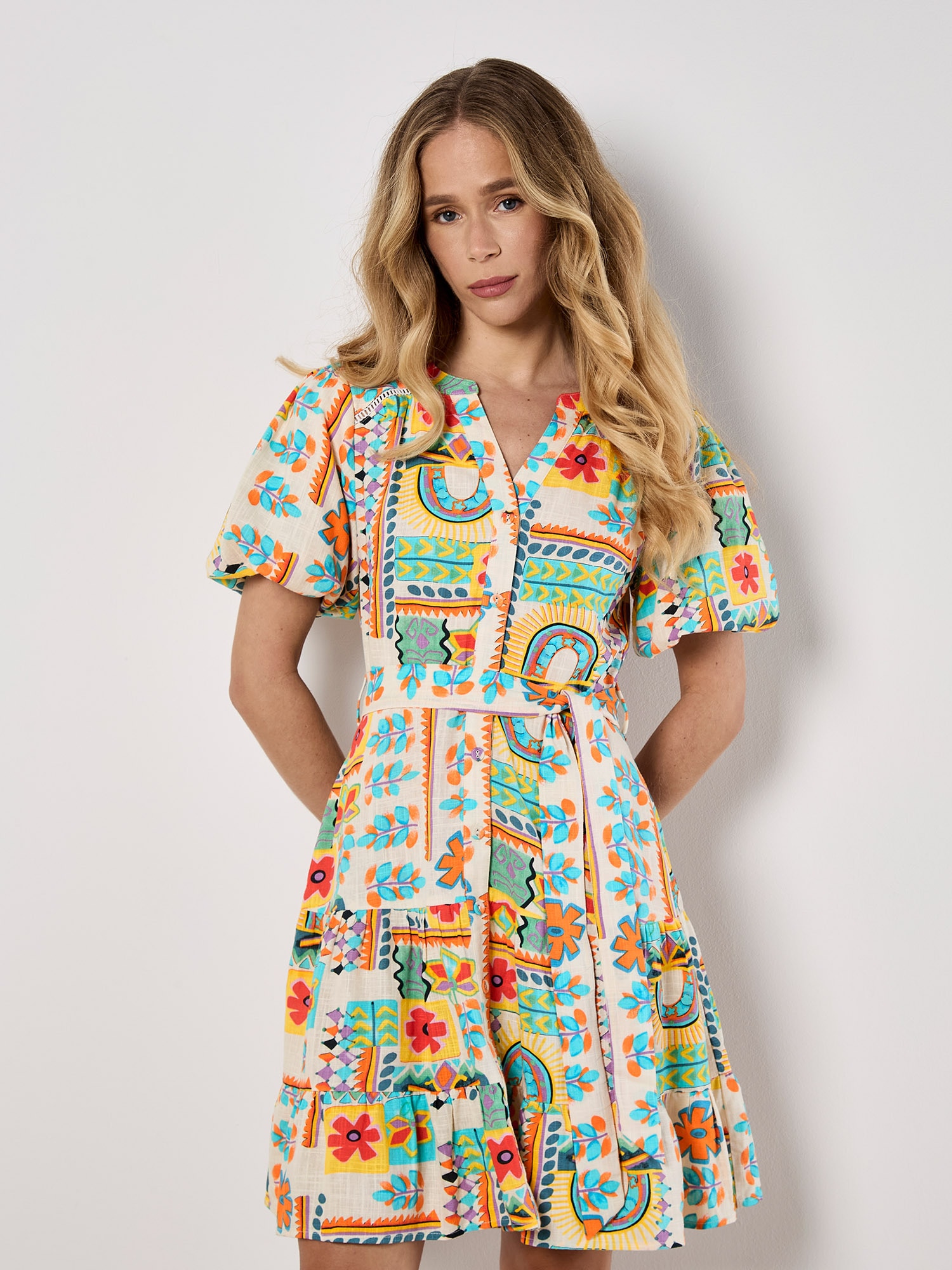 Apricot Minikleid »Tropisches Patchwork-Minikleid« mit Knopfleiste