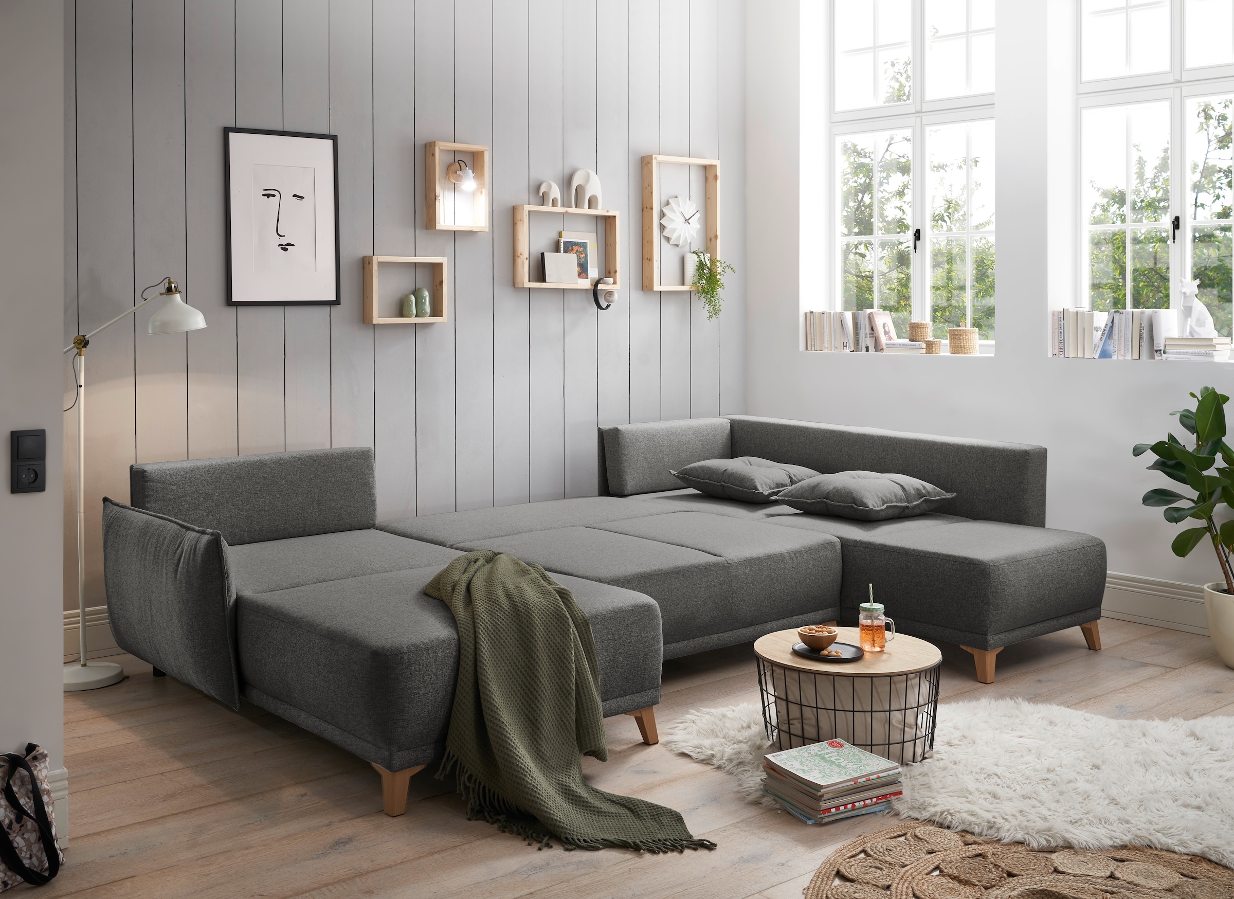ED EXCITING DESIGN Wohnlandschaft »Pamplona U-Form«, mit Bettfunktion, Bettkasten, Rücken- und Zierkissen, frei im Raum