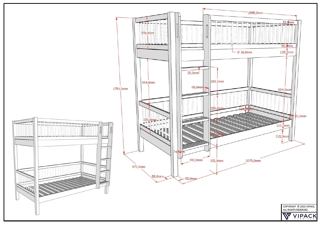 Vipack Etagenbett »Forrest in Buche massiv natur lackiert, umlaufende Sprossen-Optik« 2 Liegeflächen 90/200cm, geteilte Pfosten ca. 55x55 mm, stabil gebaut,  inkl. Lattenrost, rückbaubar zu 2 Einzelbetten zur weiteren Nutzung