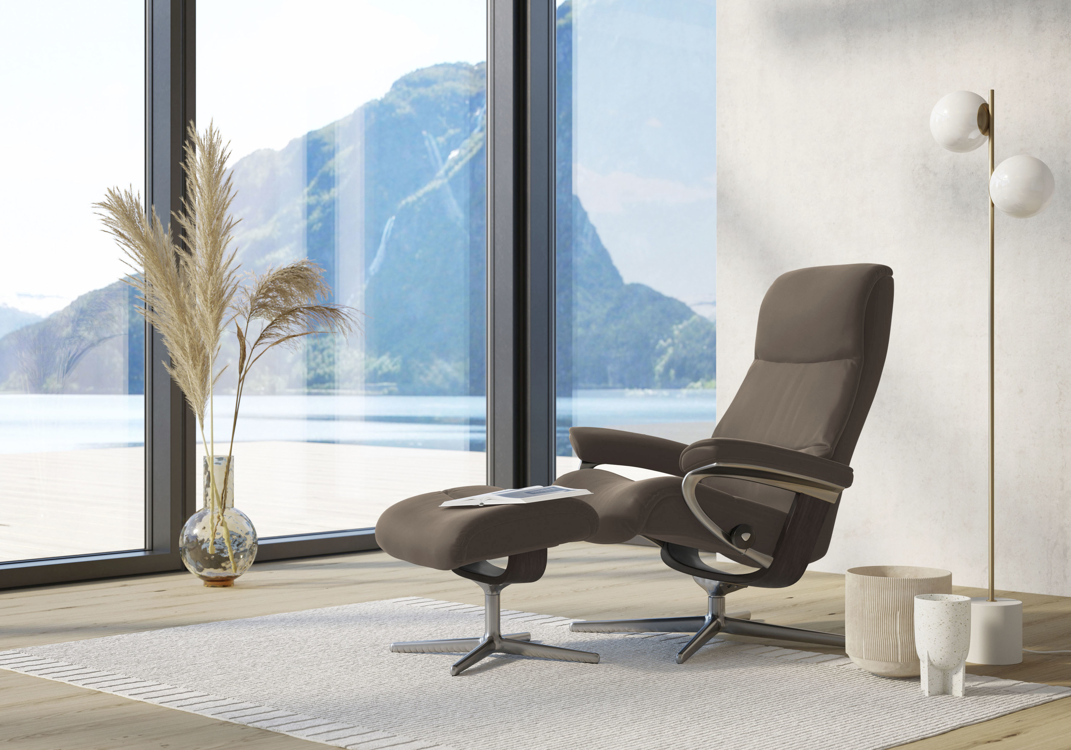 Stressless Relaxsessel "View" Set, Relaxsessel mit Hocker, mit Hocker, mit Cross Base, Größe S, M & L, Holzakzent Wenge