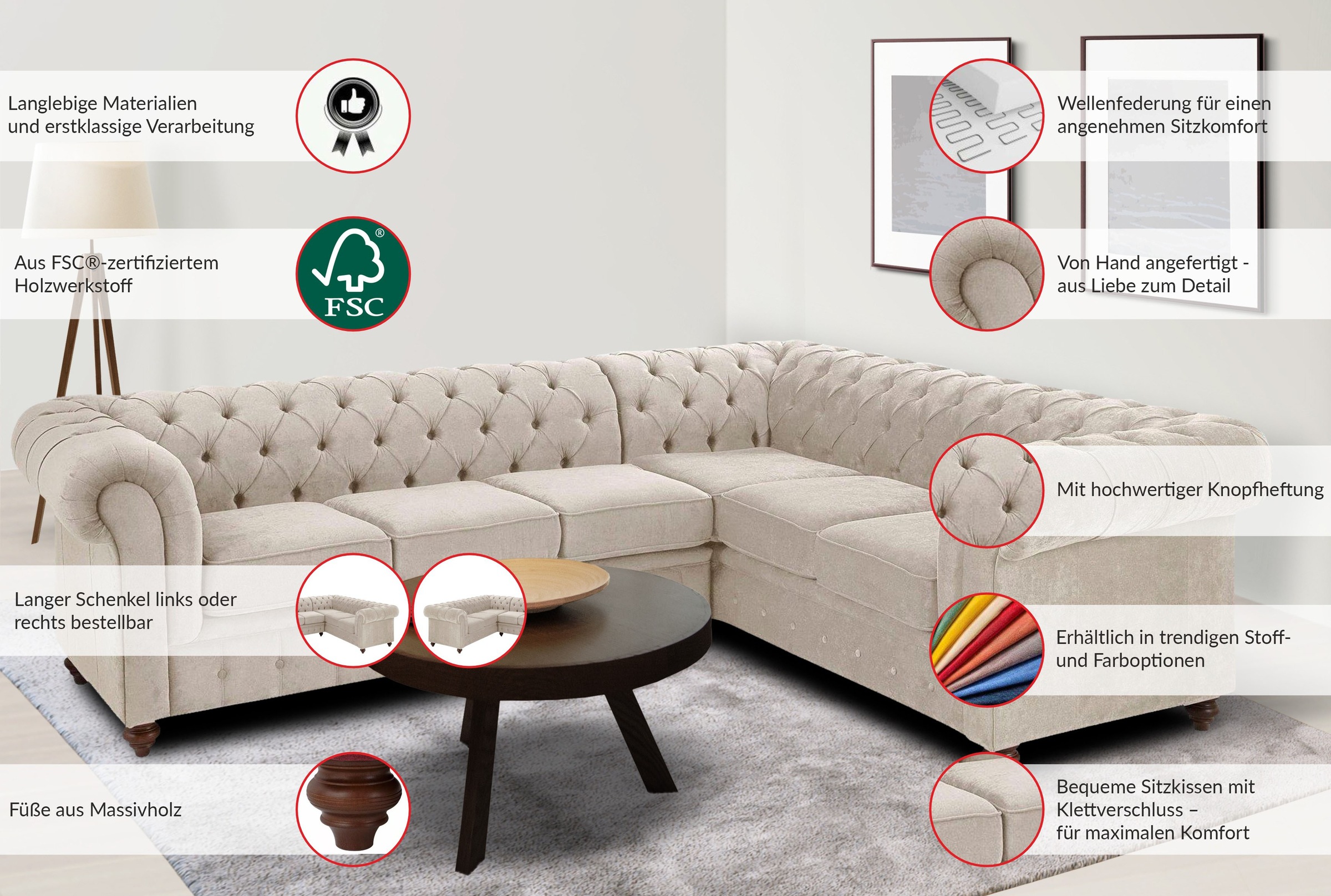 Thumbnail - Home affaire Chesterfield-Sofa "Chesterfield Ecksofa, auch in Leder L-Form" hochwertige Knopfheftung, langer Schenkel li...