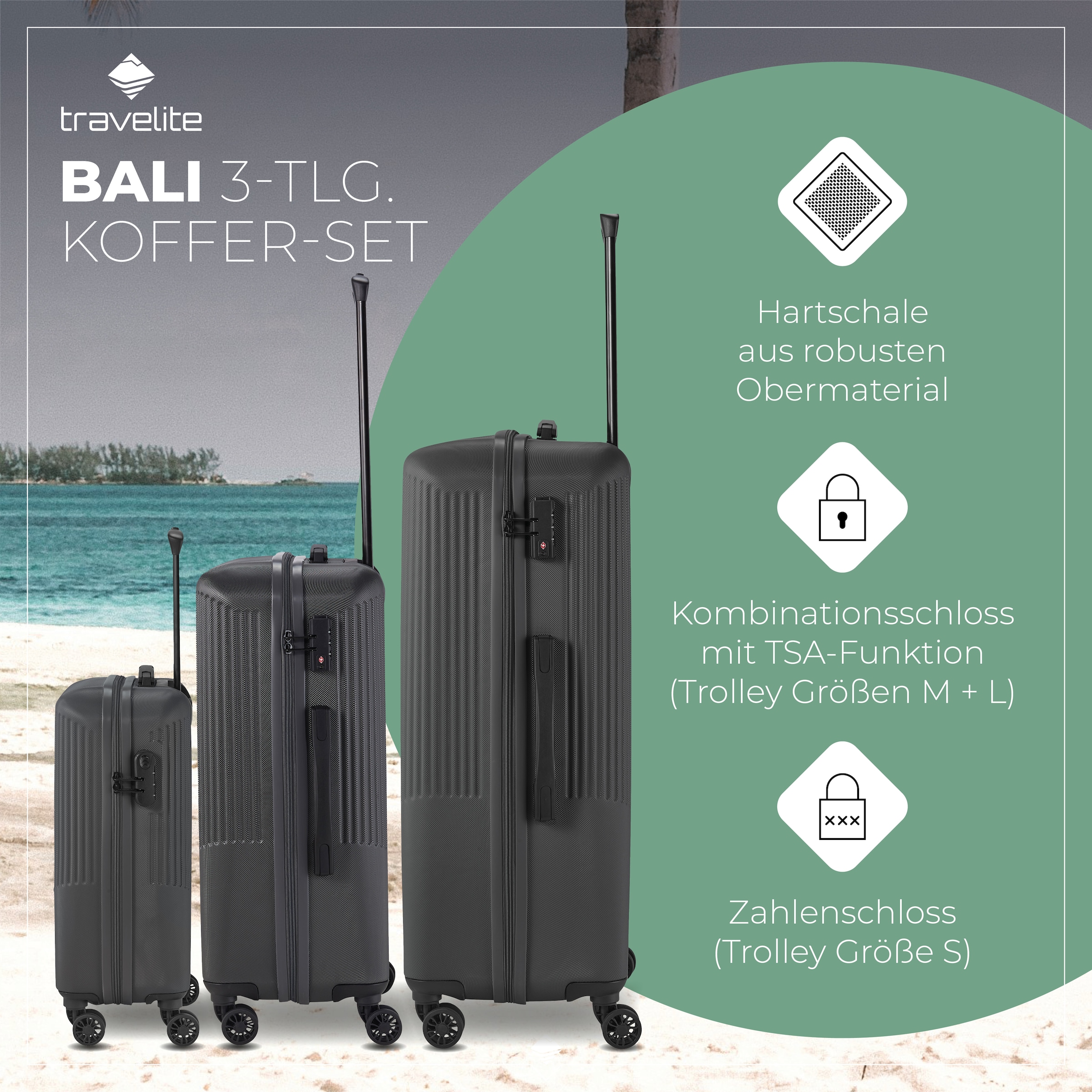 travelite Trolleyset »BALI 4w L/M/S«, (Set, 3 tlg., Hartschalen Trolley Set), Kofferset Reisegepäck Reisekoffer Hartschallenkoffer TSA Schloss