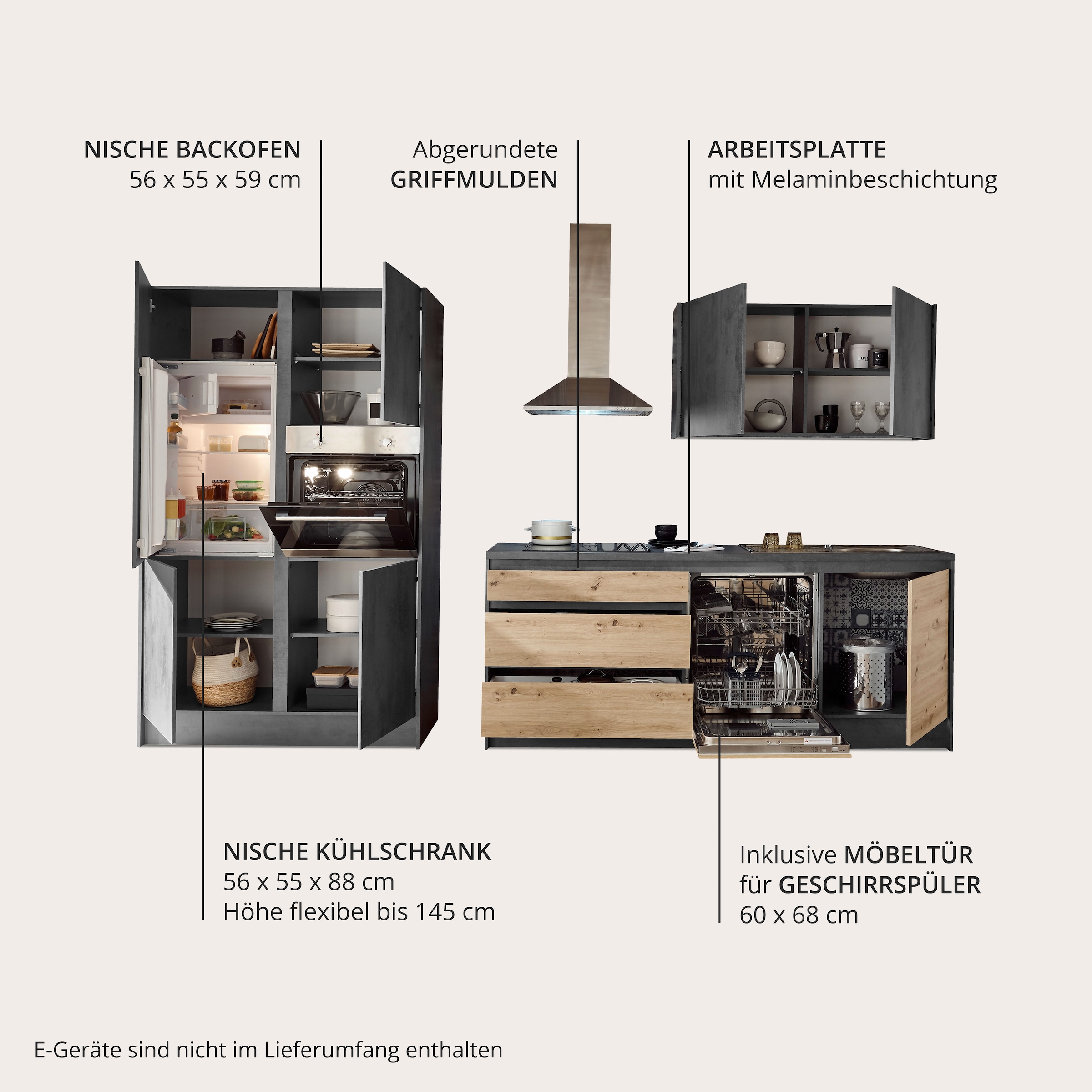 BASIC by Balculina Küchenzeile »Isis«, (Set), ohne E-Geräte, Breite 337 cm