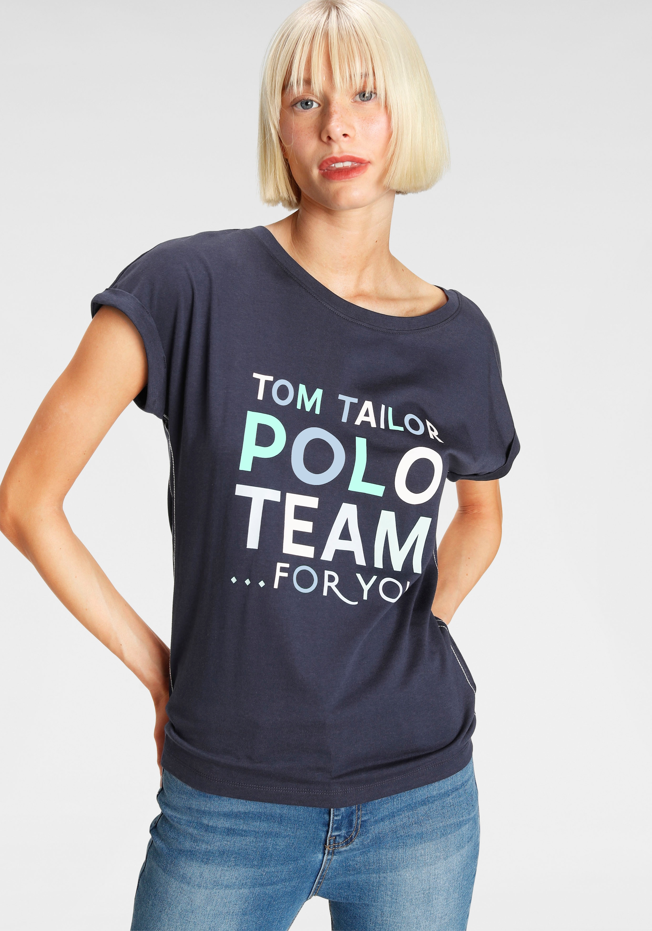 TOM TAILOR Polo Team bestellen Print-Shirt, | farbenfrohen BAUR großem Logo-Print