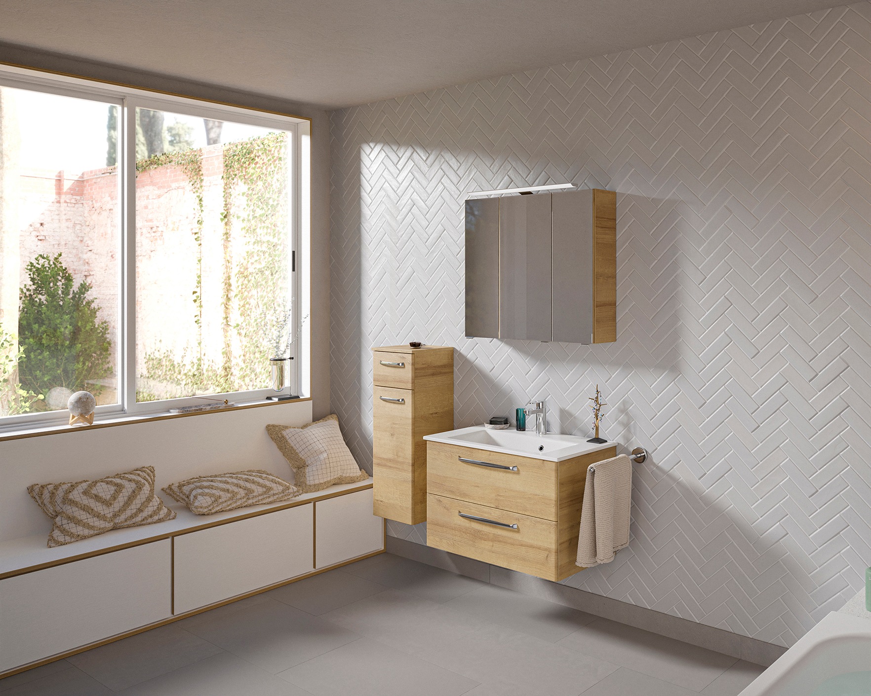 Saphir Badmöbel-Set »Badmöbel-Set Trentino 3-tlg Mineralmarmorwaschtisch LED-Spiegelschrank«, (4 St.), Badezimmer-Set mit Unterschrank inkl. Türdämpfer
