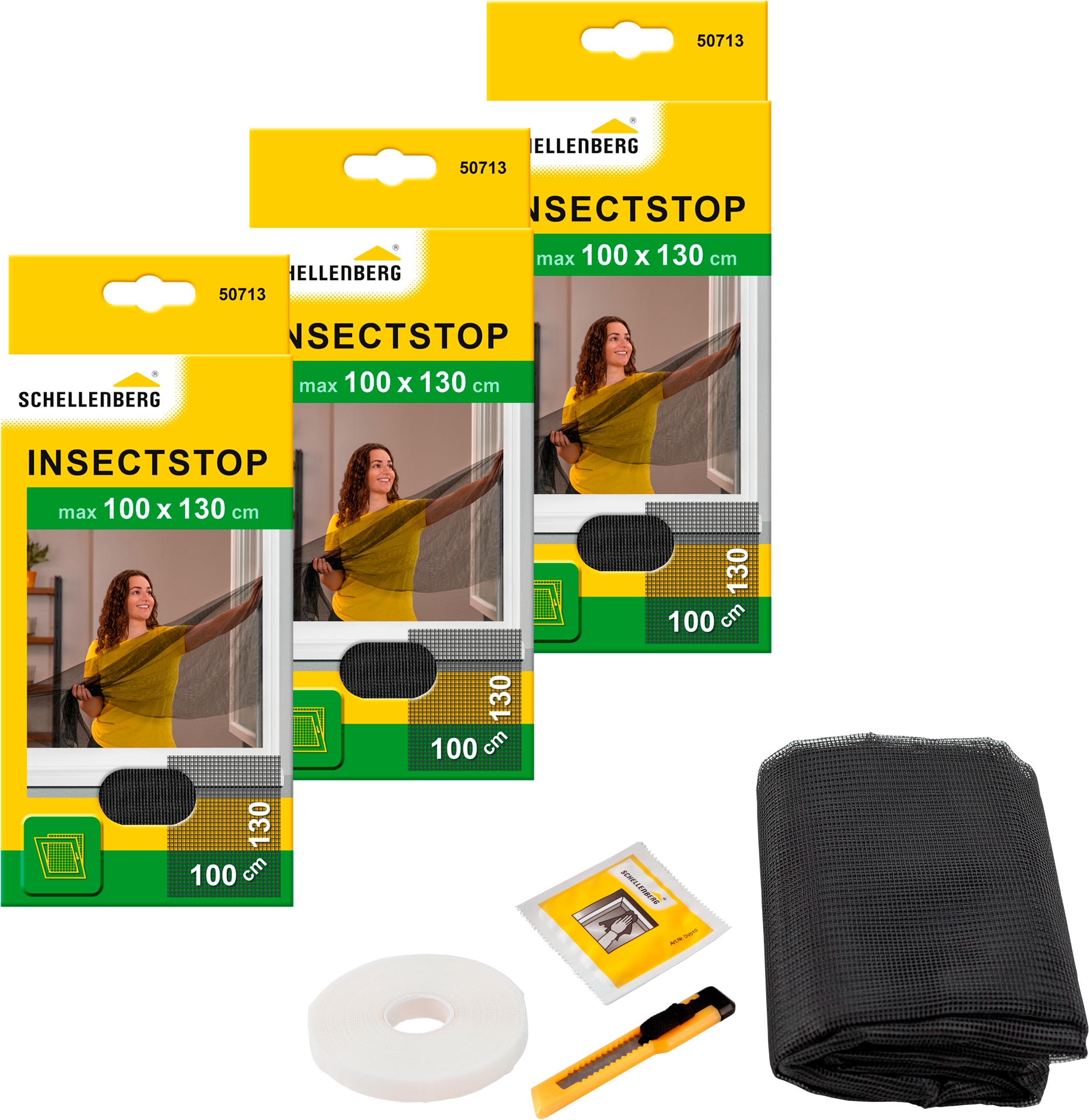 SCHELLENBERG Fliegengitter-Gewebe "für Fenster ohne bohren", B/H: 100cm x 130cm, 3er Pack, grau, Insektenschutzgitter, Insektenschutz mit Klettband,