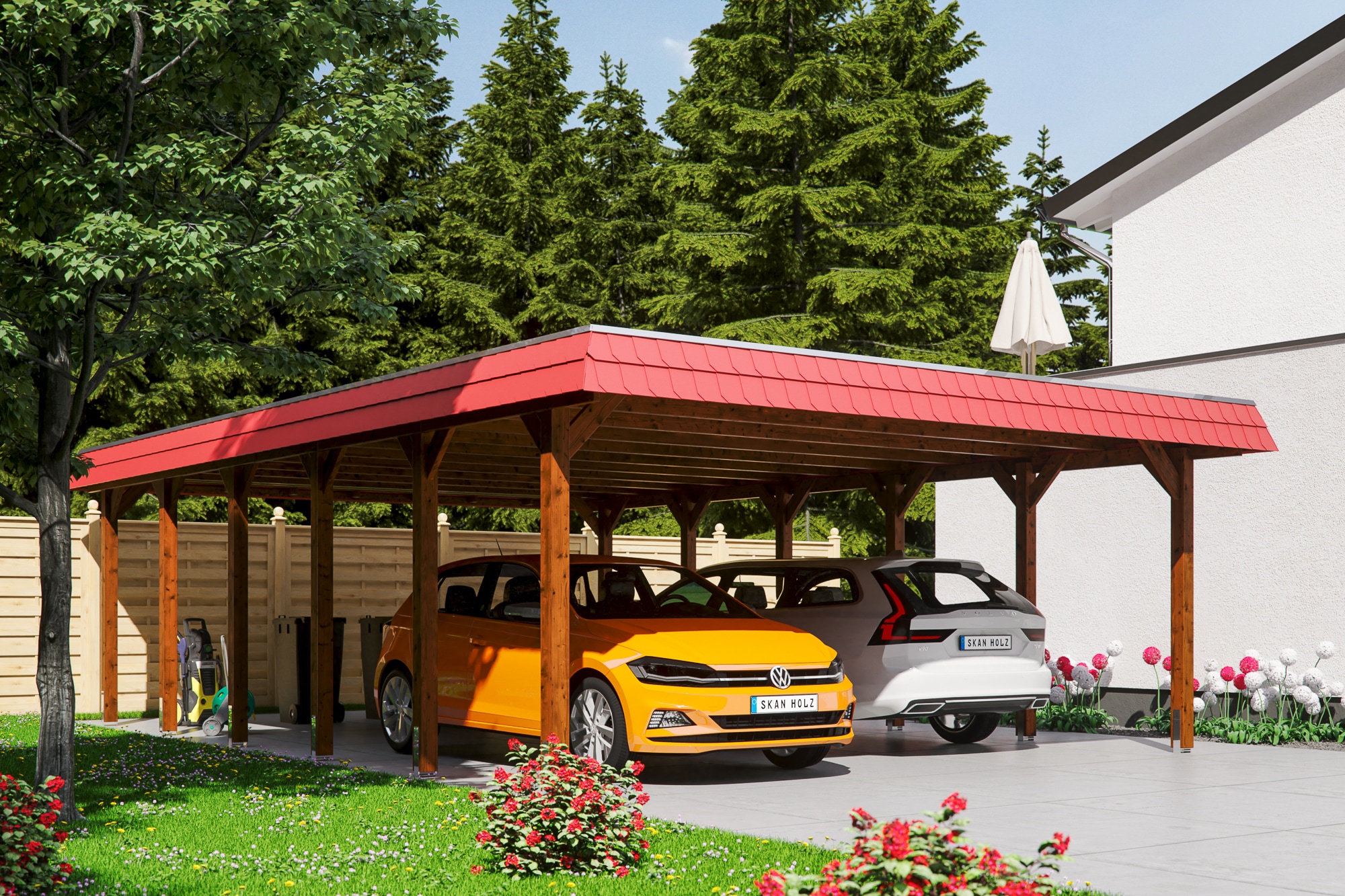 Skanholz Doppelcarport »Spreewald«, Nadelholz, 530 cm, Nussbaum, 585x893cm mit EPDM-Dach, rote Blende